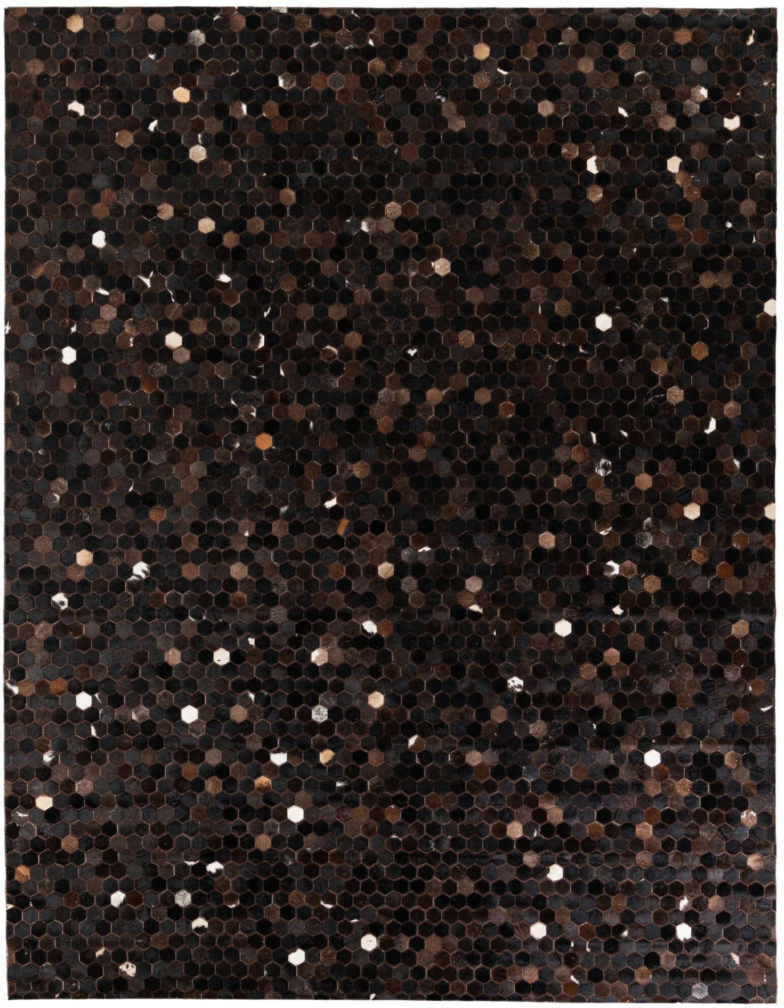 A rectangular 8x10 modern cowhide rug with a mosaic pattern of brown, tan, black, and white hexagonal patches, ideal for a living room or office.