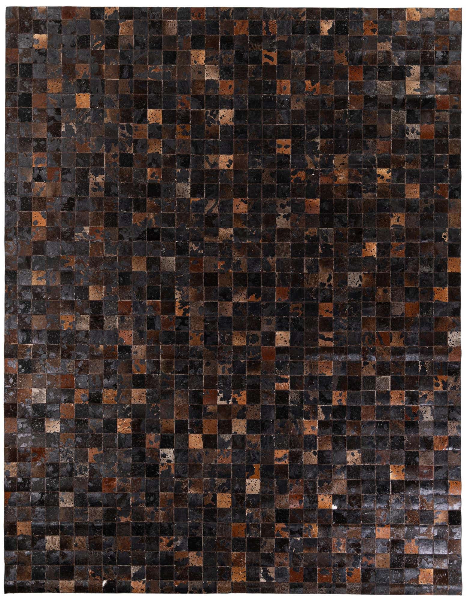 A large 8x10 rectangular modern cowhide rug featuring a mosaic pattern of varying brown and tan squares.