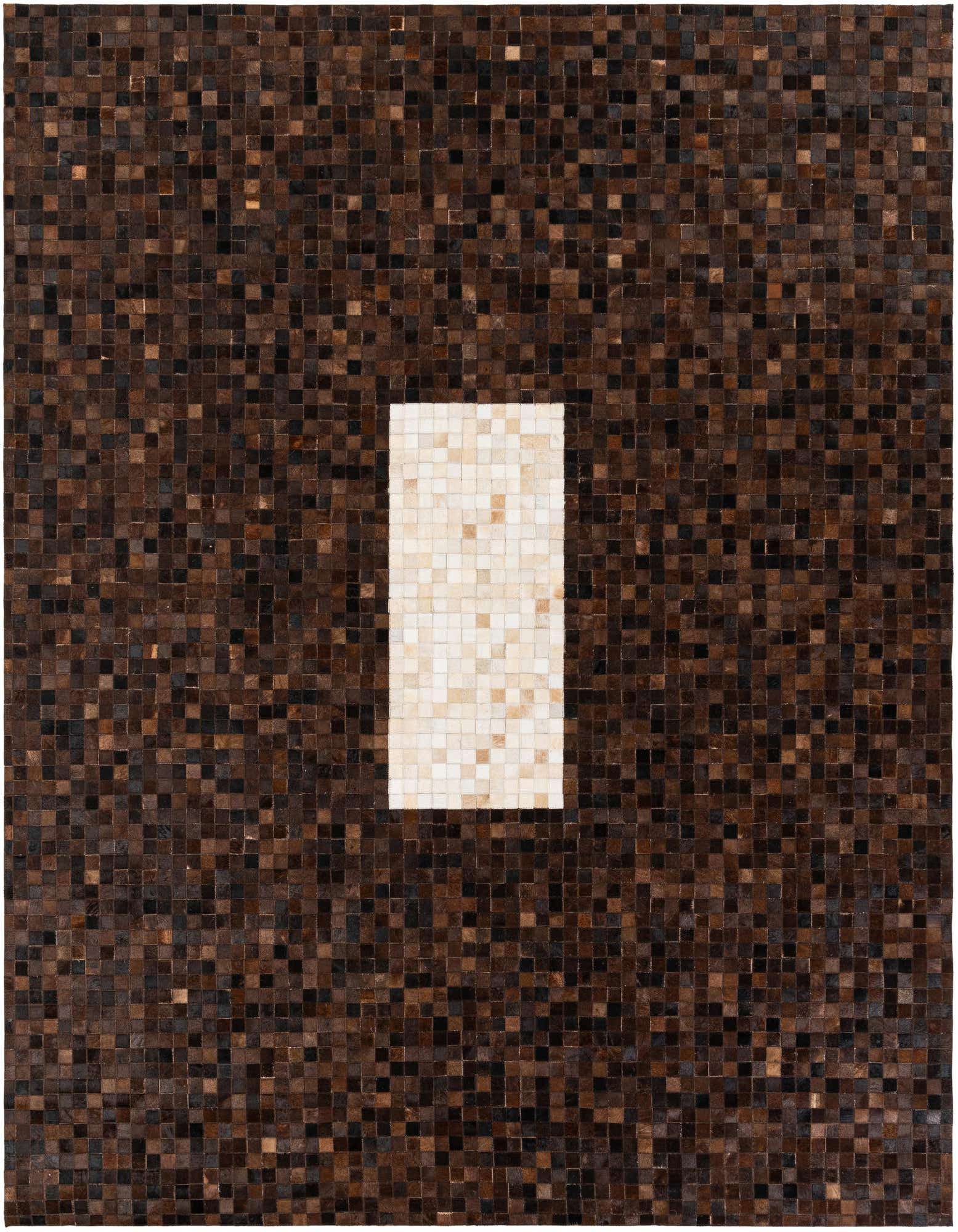 8x10 rectangular modern rug made from small brown and tan cowhide squares, with a central rectangular patch of lighter tan and cream squares.