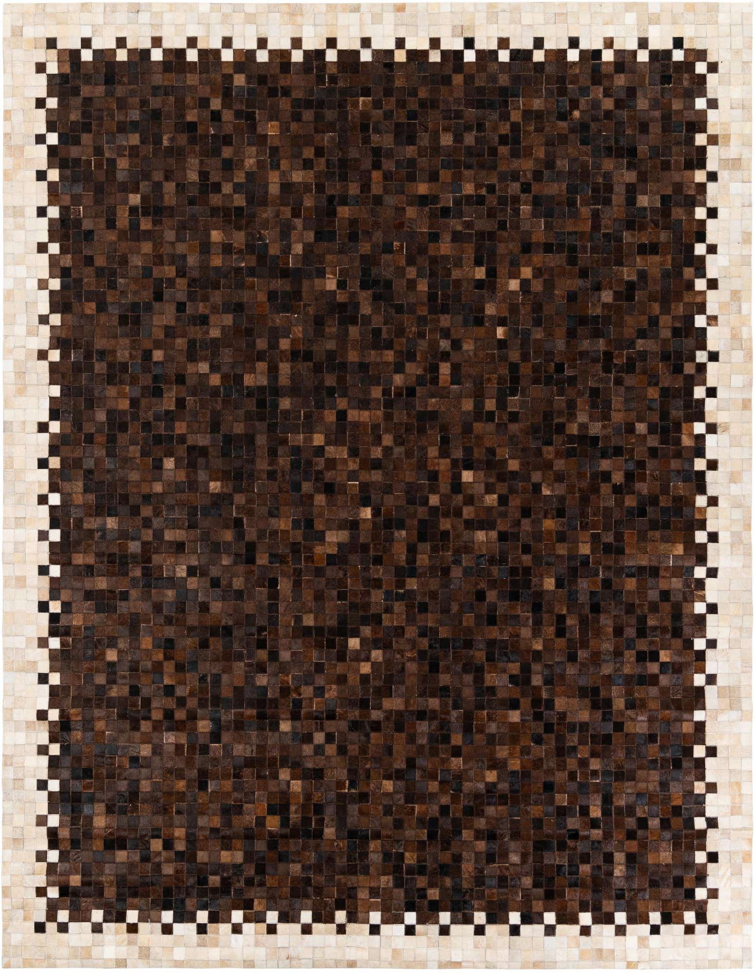 A rectangular 8x10 modern cowhide rug with a dark brown mosaic center and a light tan and brown checkered border.