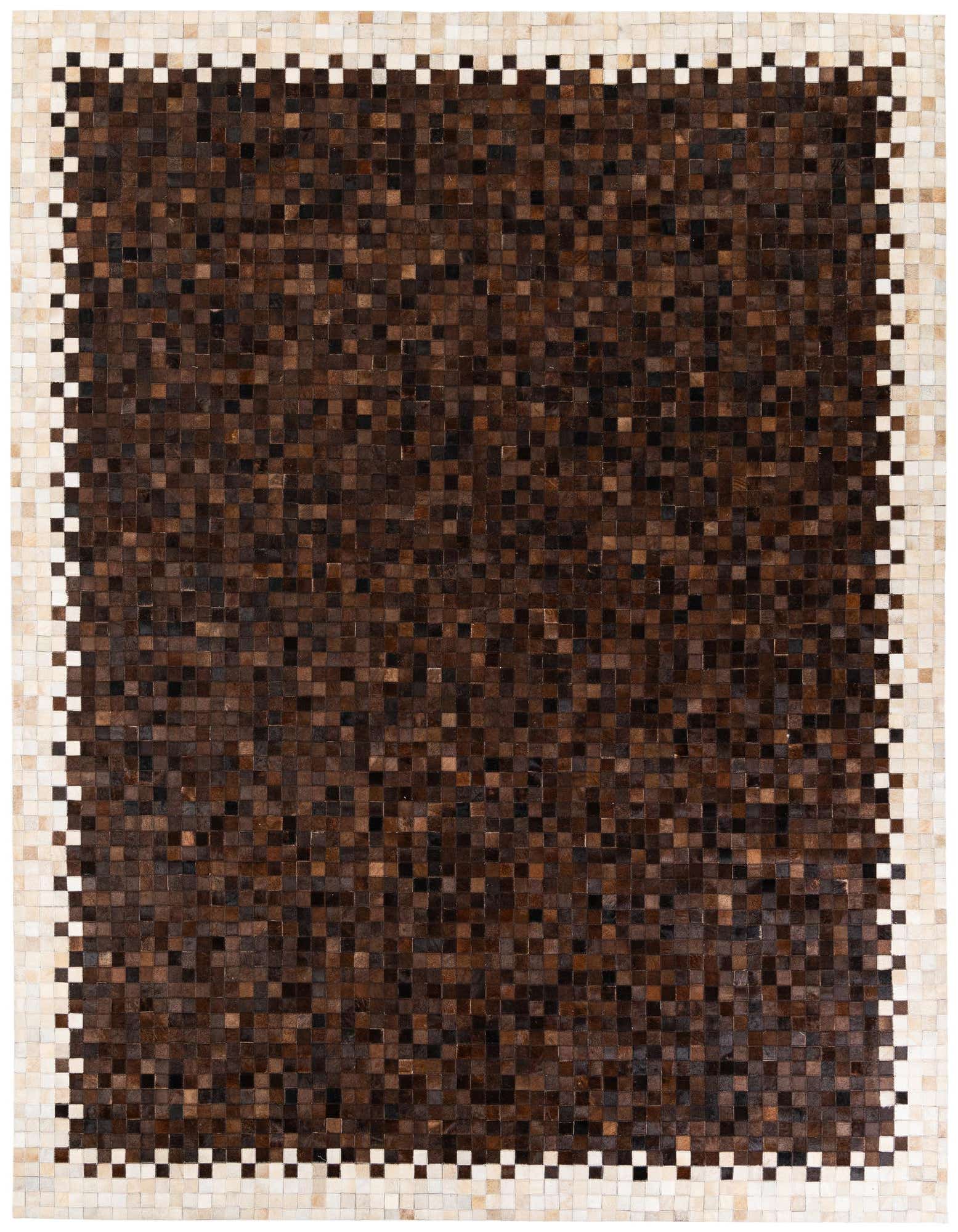 A rectangular 8x10 modern cowhide rug featuring a mosaic pattern of brown and tan squares with a lighter border.