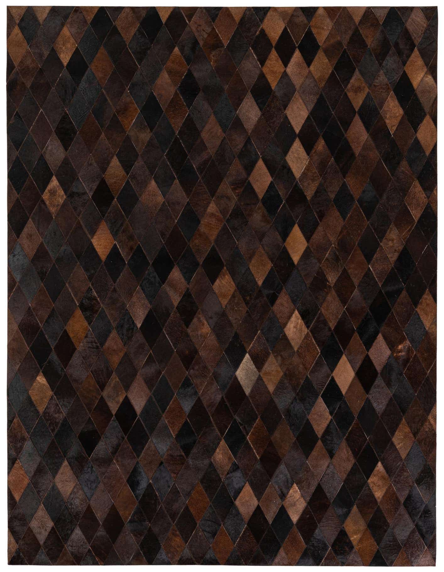 A 5x8 rectangular Cowhide Stocks rug featuring a modern diamond pattern in various shades of brown and tan.