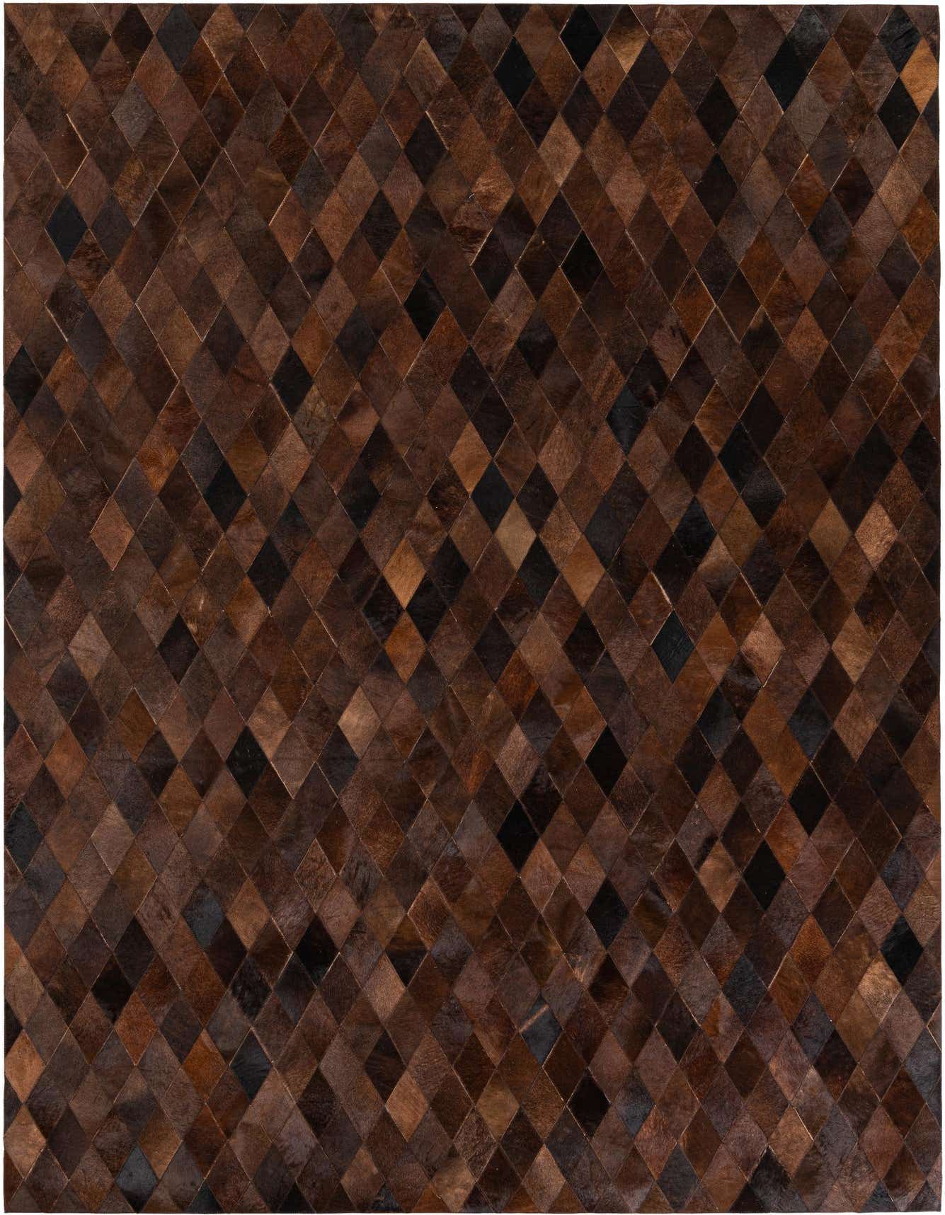 A 7x10 rectangular modern cowhide rug featuring a geometric diamond pattern in varying shades of brown and tan.
