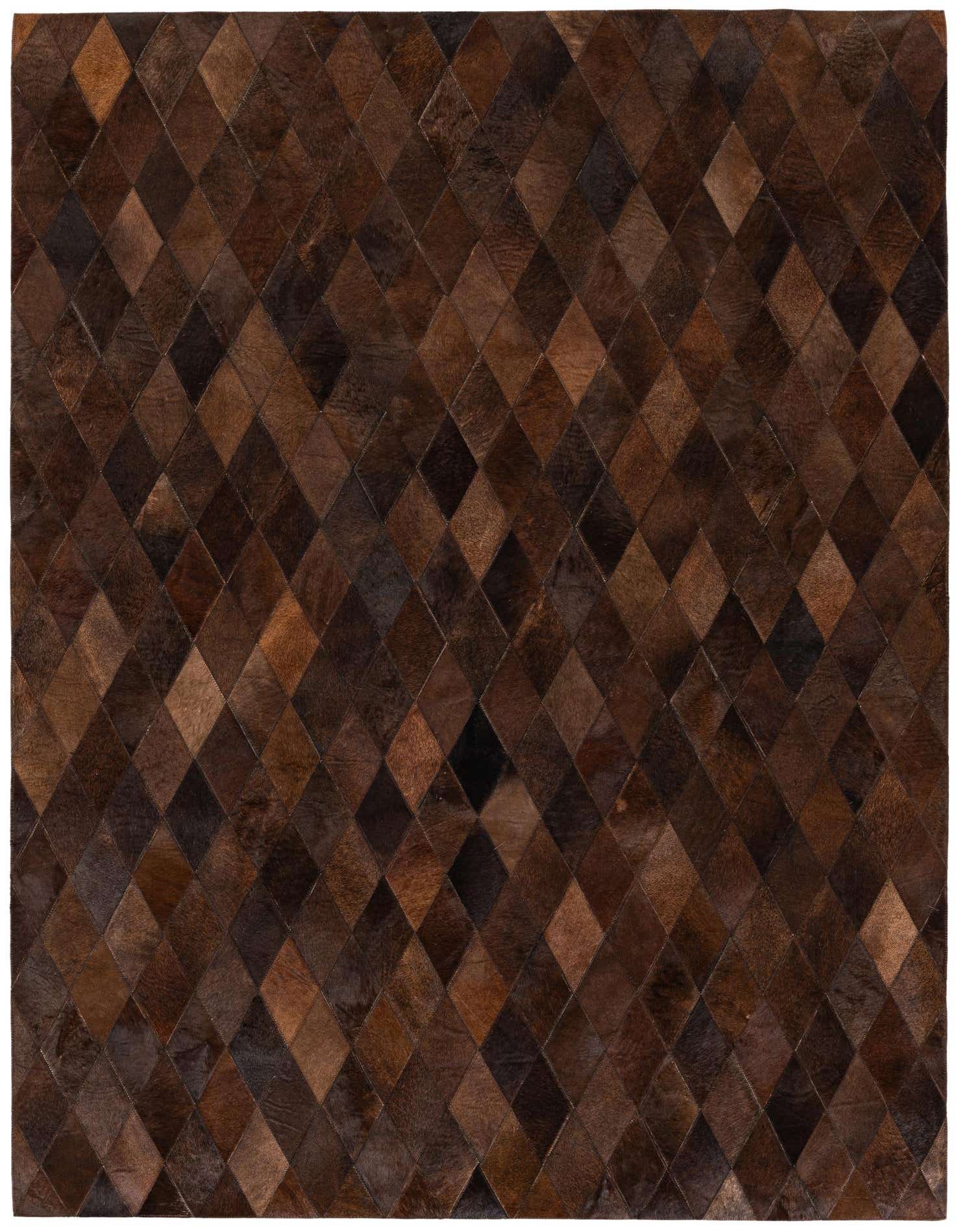 A 5x7 rectangular Cowhide Stocks rug featuring a modern diamond pattern in various shades of brown and tan.