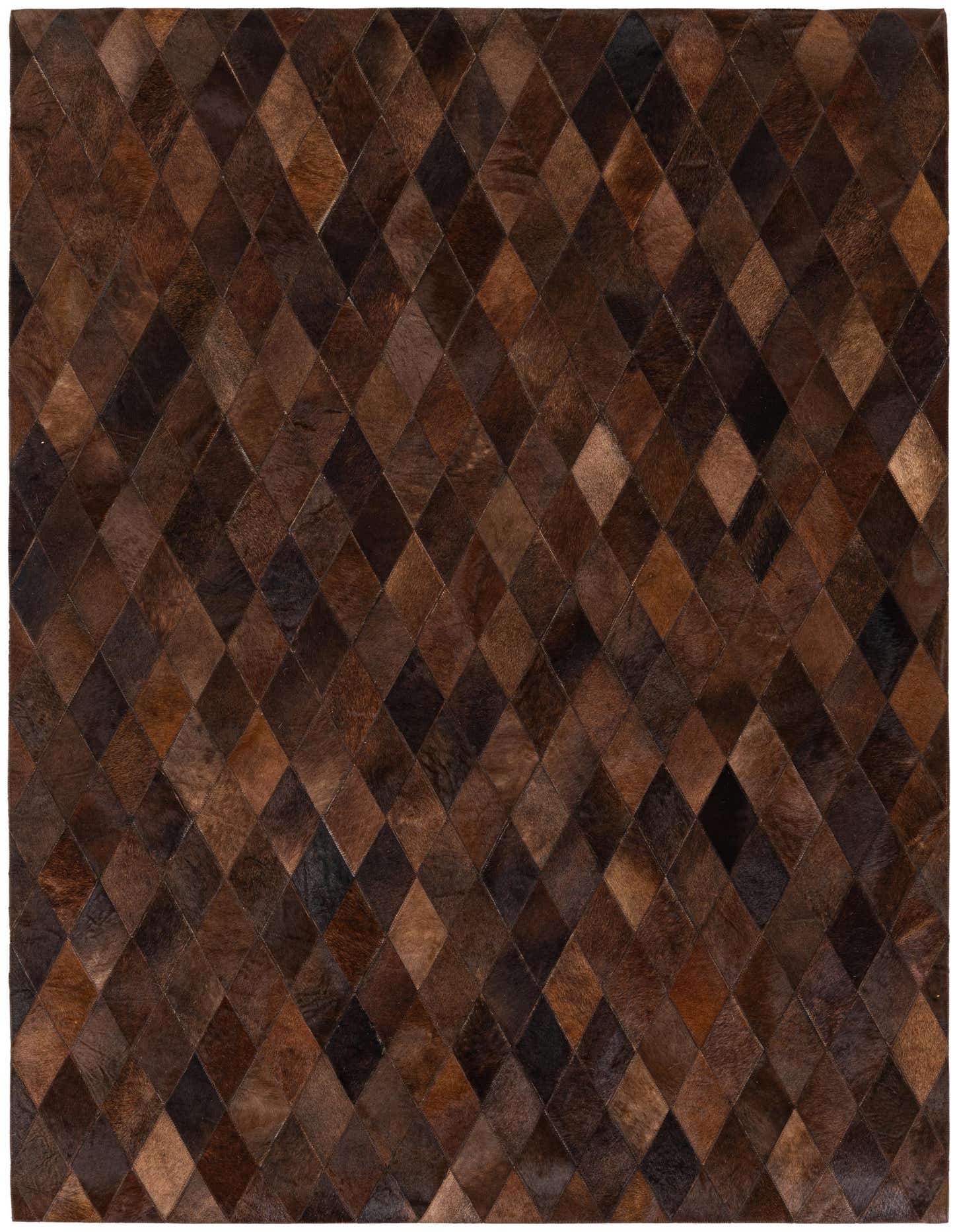 A 5x7 rectangular Cowhide Stocks rug featuring a modern diamond pattern in various shades of brown and tan.