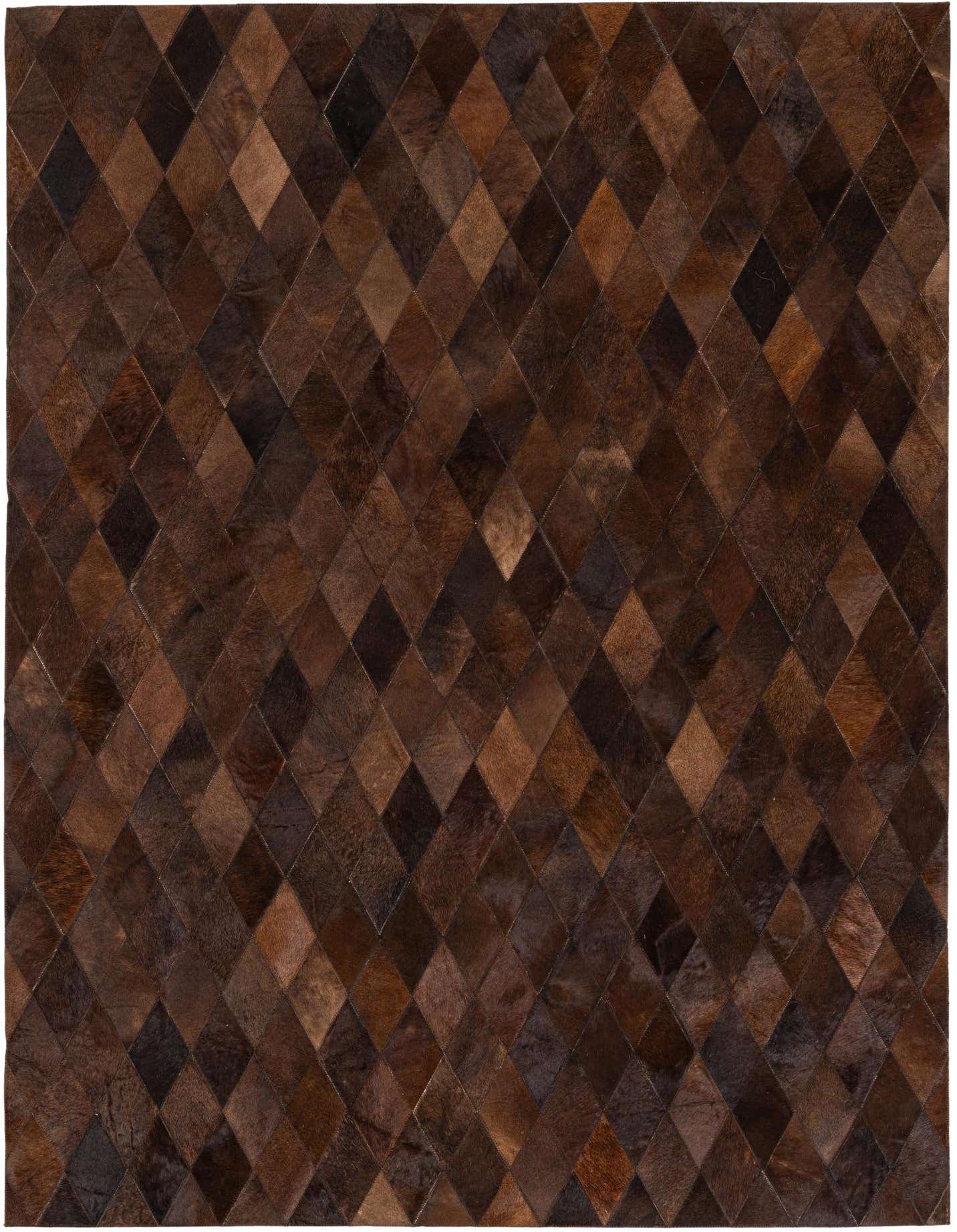 A 5x7 rectangular Cowhide Stocks rug featuring a modern diamond pattern in various shades of brown and tan.