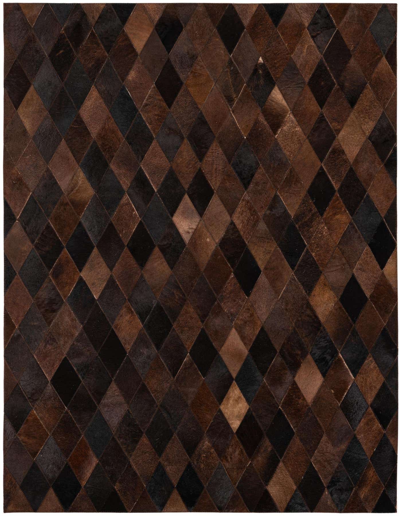 A 4x6 rectangular cowhide rug featuring a modern diamond pattern in various shades of brown and tan.
