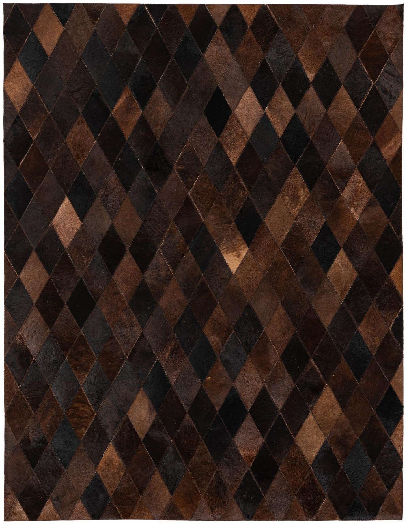 A 4x6 rectangular cowhide rug featuring a modern diamond pattern in varying shades of brown and tan.