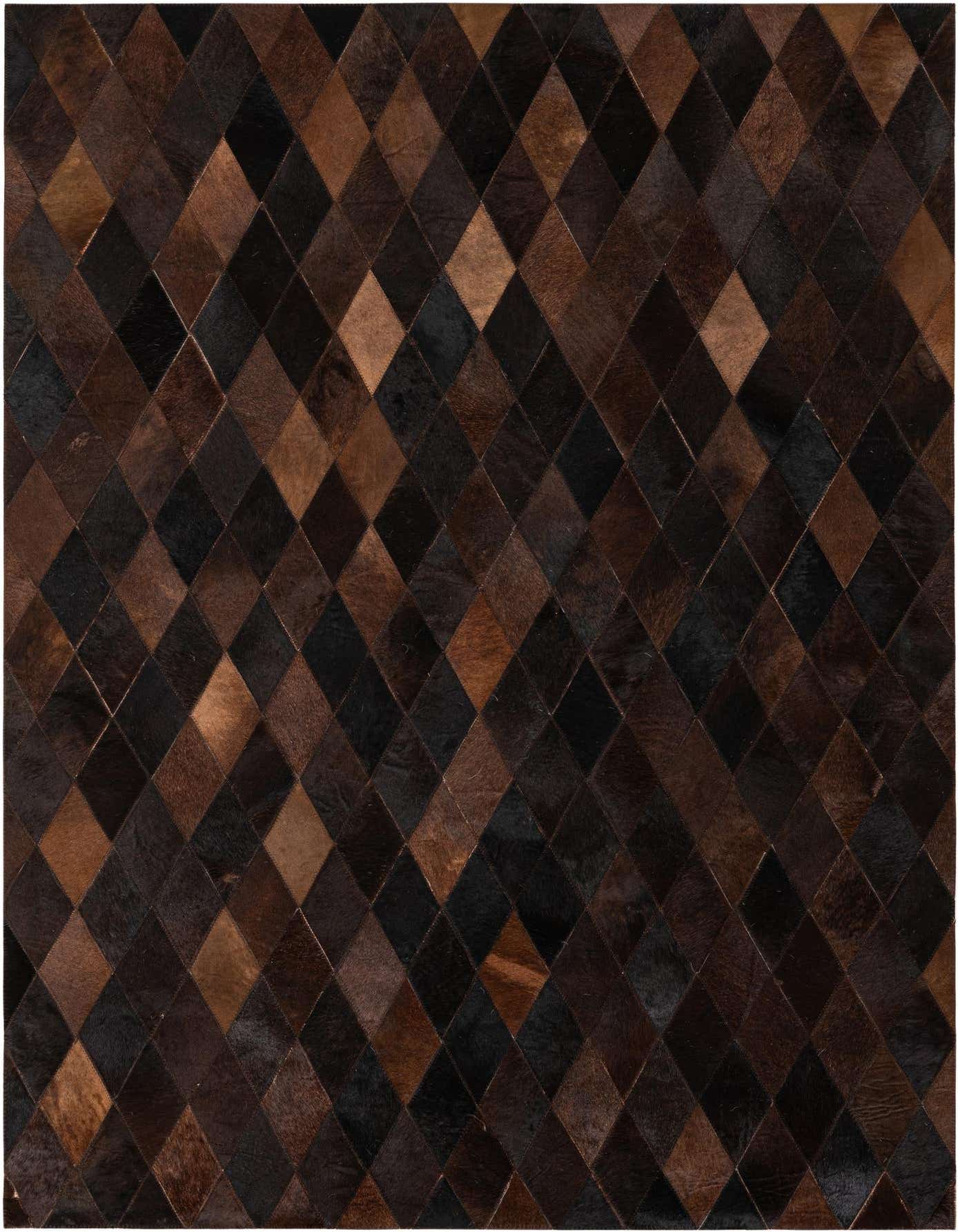 A 4x6 rectangular cowhide rug featuring a modern diamond pattern in varying shades of brown and tan.