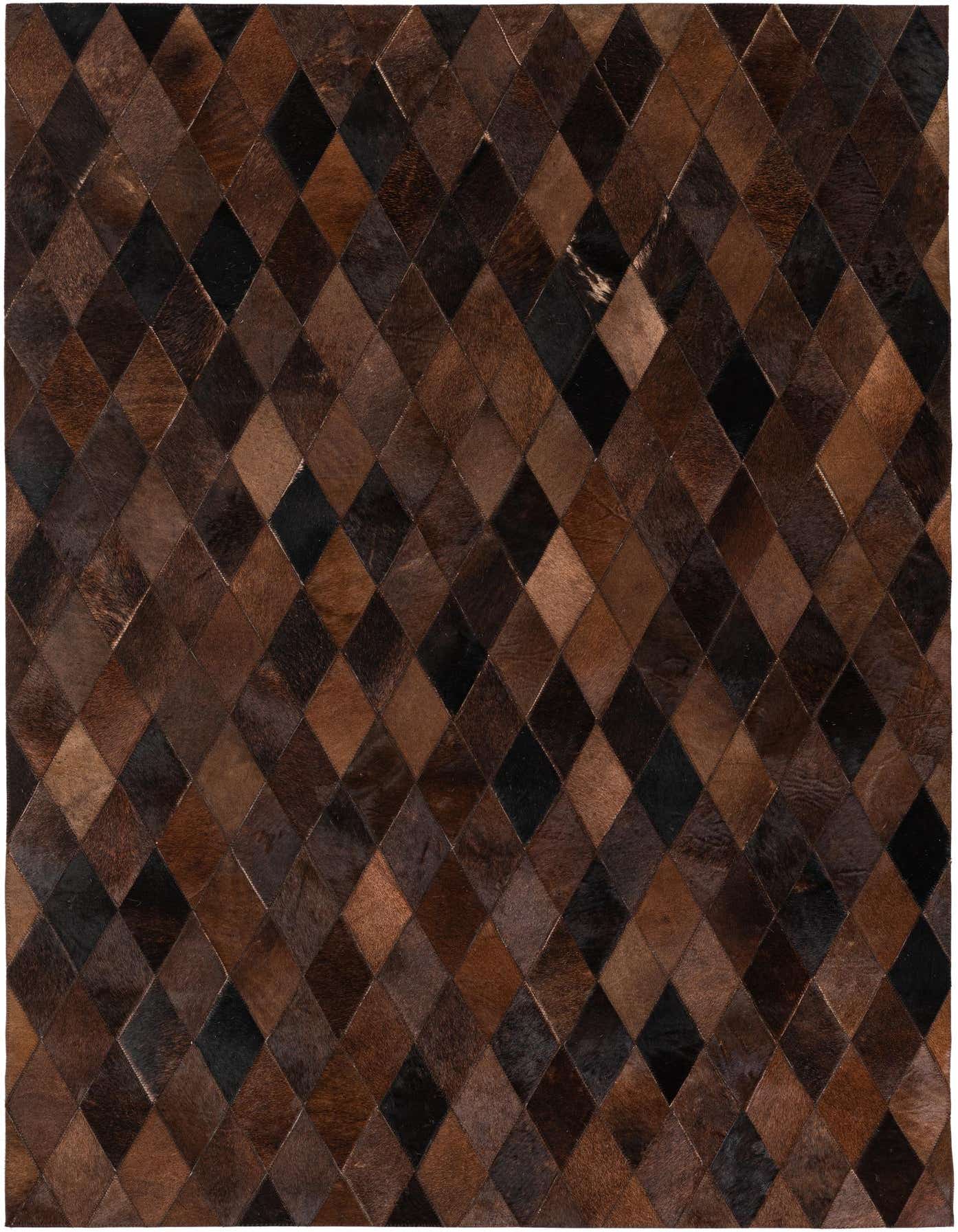 A 4x6 rectangular cowhide rug featuring a modern diamond pattern in varying shades of brown and tan.