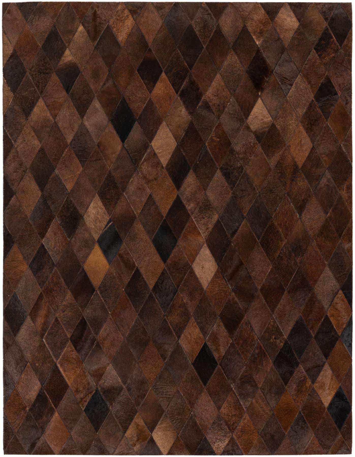 A 4x6 rectangular Cowhide Stocks rug from Rugs.com, featuring a modern diamond pattern in various shades of brown and tan, perfect for a living room.