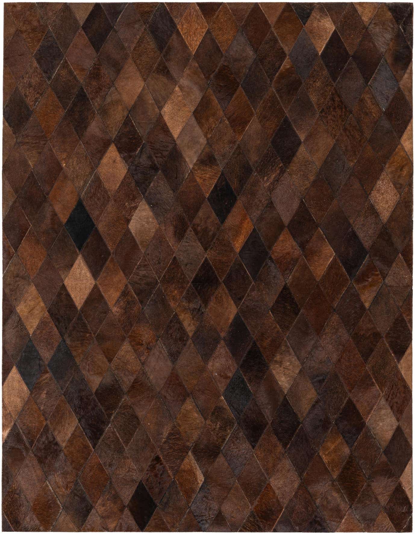 A 4x6 rectangular Cowhide Stocks rug featuring a modern diamond pattern in various shades of brown and tan, ideal for a living room.