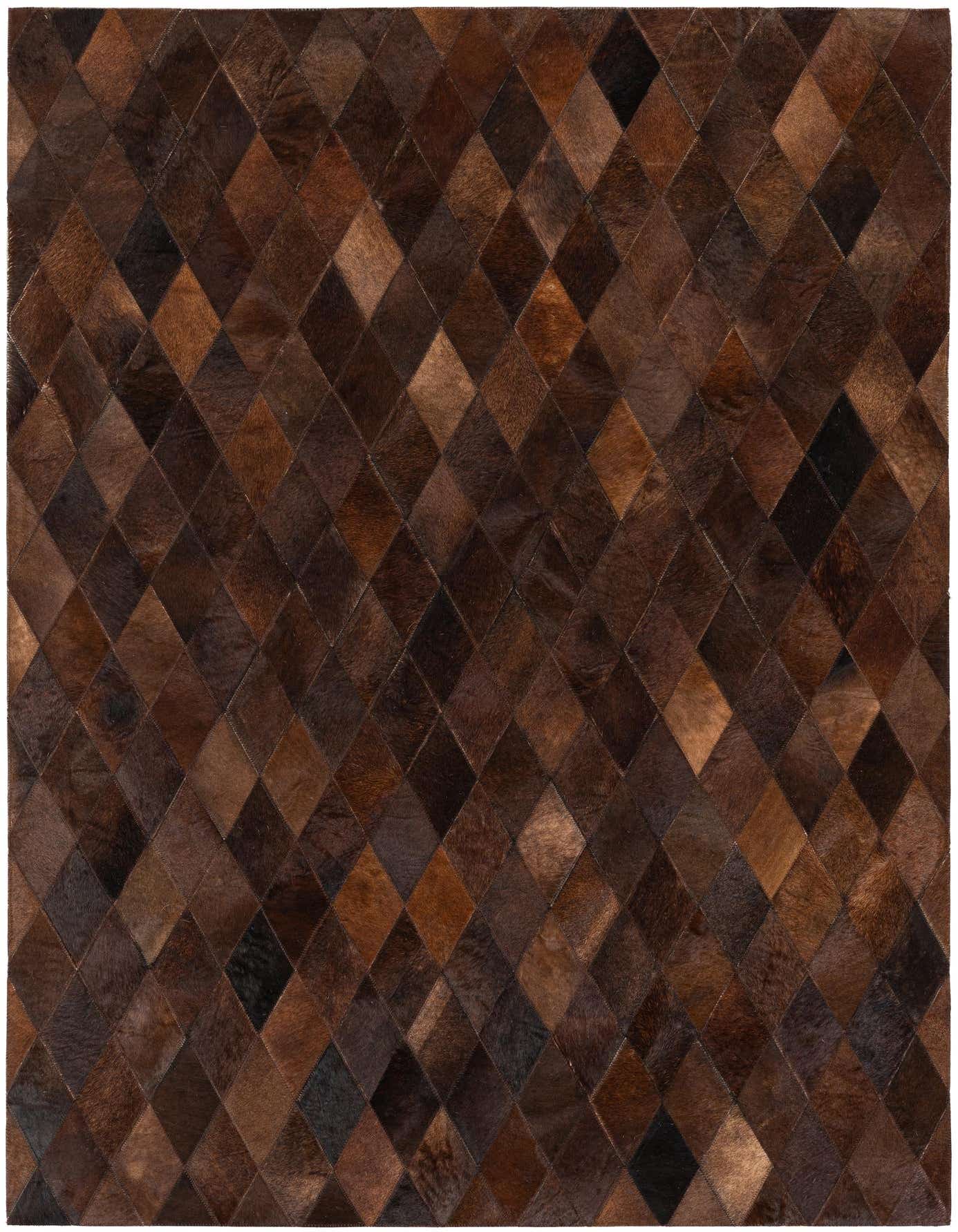 A 4x6 rectangular cowhide rug featuring a modern diamond patchwork pattern in various shades of brown and tan.