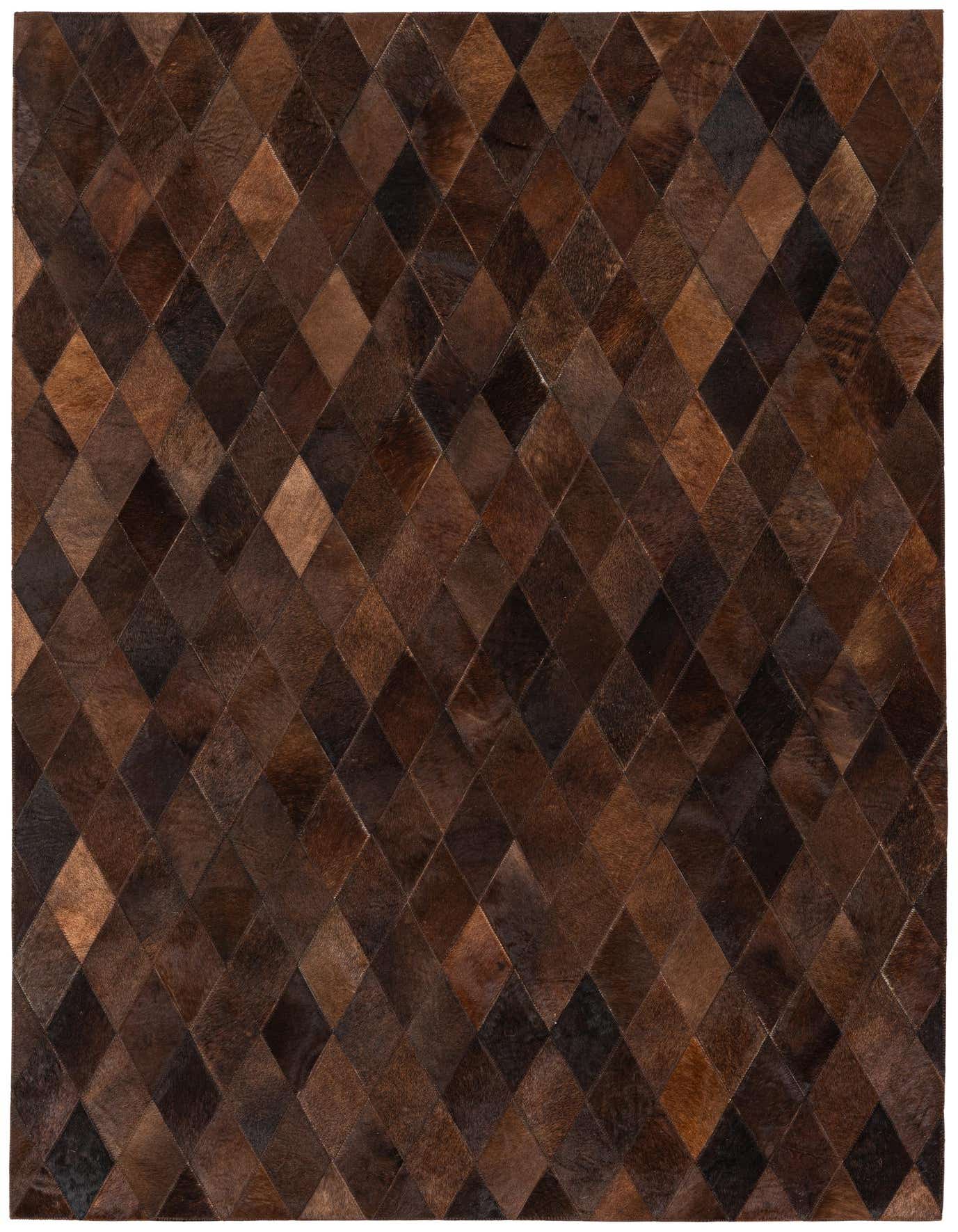 A 4x6 rectangular cowhide rug featuring a modern diamond patchwork pattern in various shades of brown and tan.