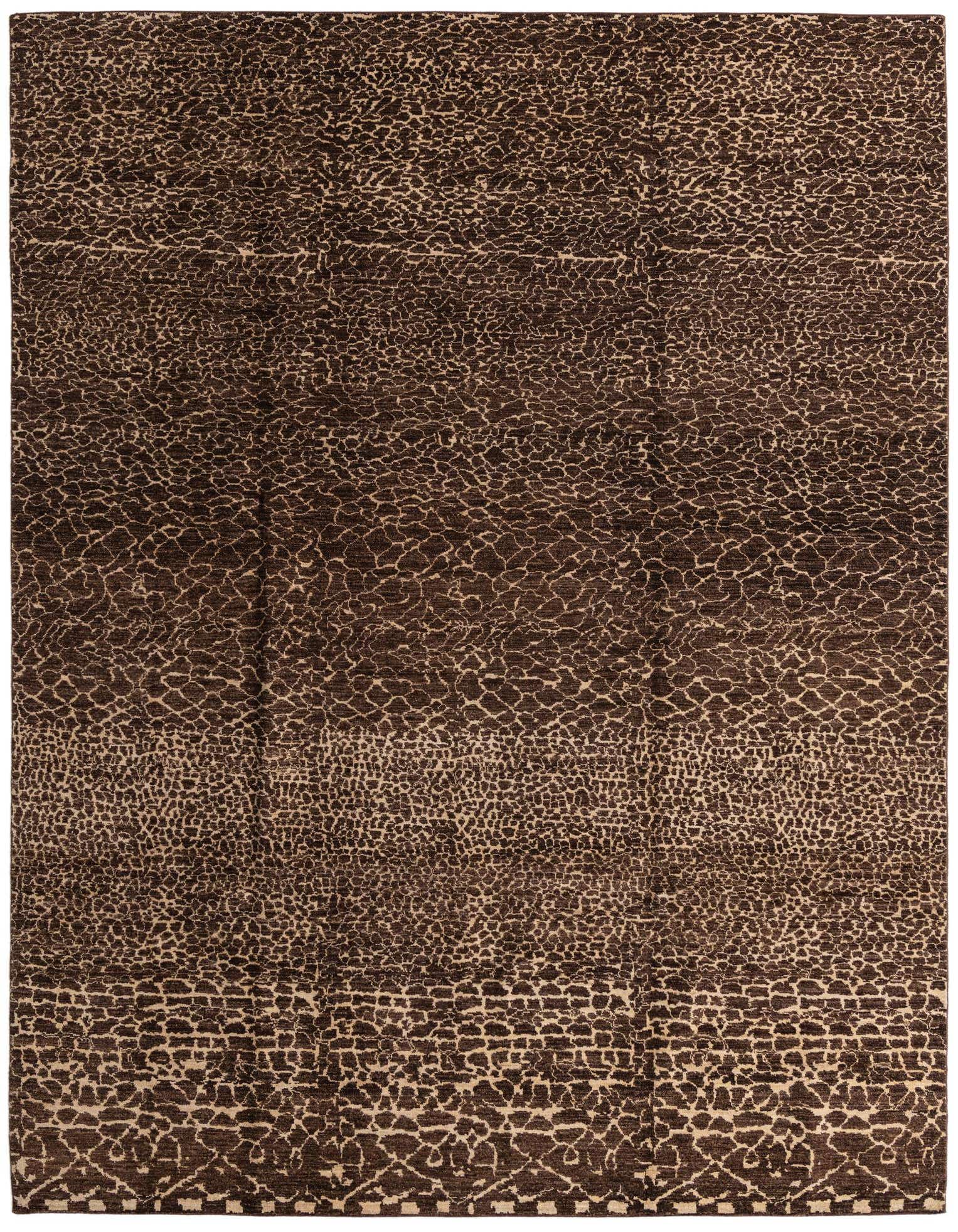A 9x12 rectangular Darya rug with a modern abstract pattern in varying shades of brown and tan.