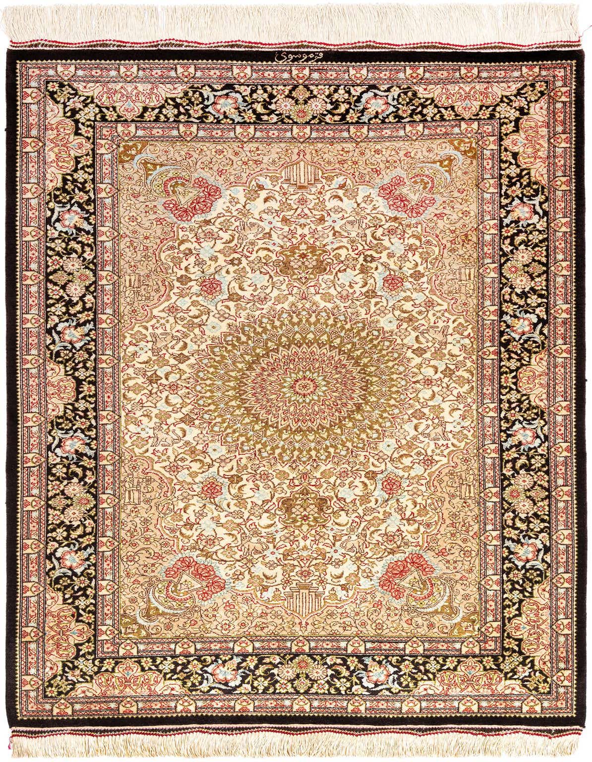 A 3x4 rectangular Ghom Silk Persian rug featuring a detailed medallion in the center with intricate floral patterns in shades of brown, tan, red, and blue, bordered by a dark frame.