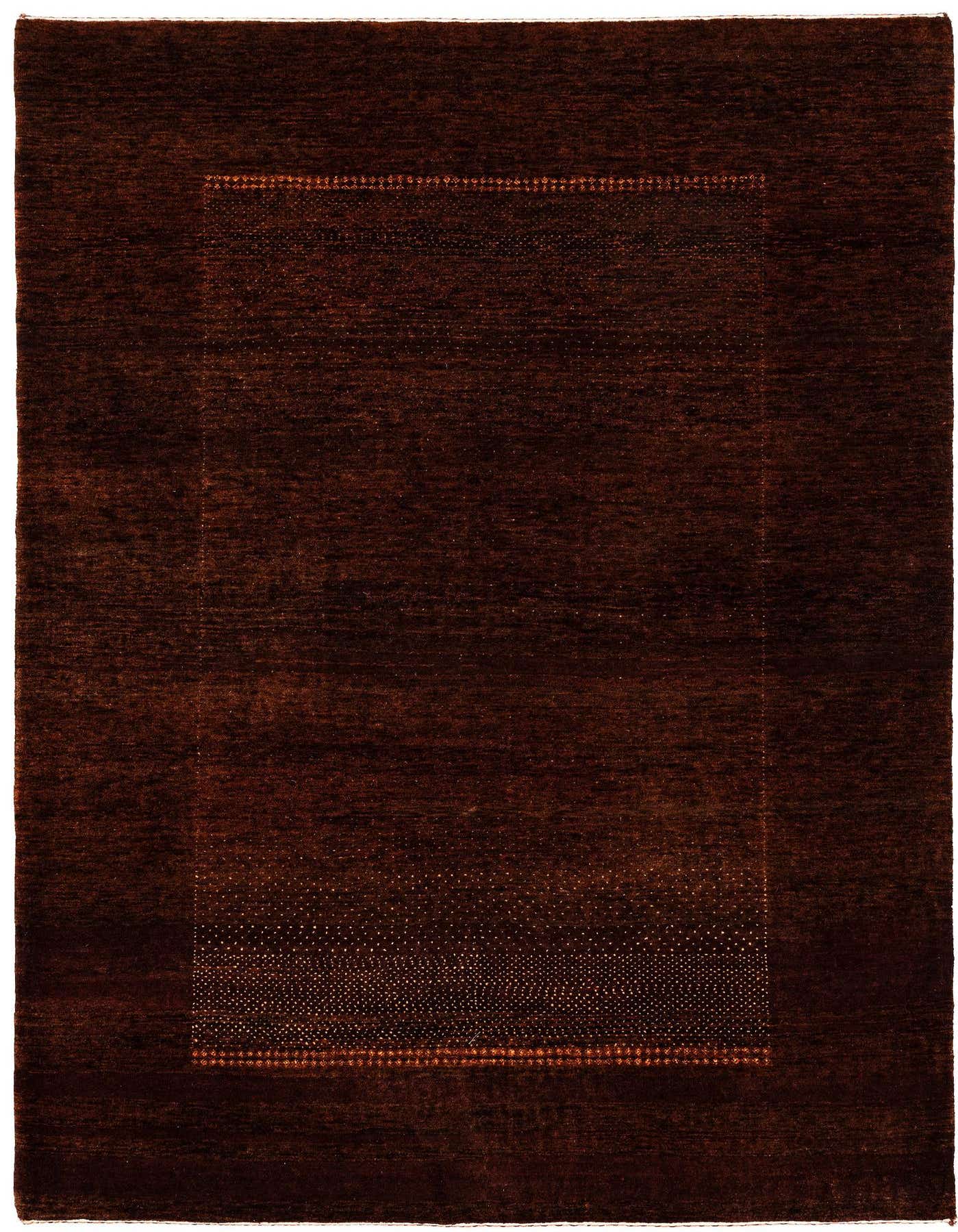 A 5x7 rectangular Kashkuli Gabbeh wool rug in deep brown with subtle tan abstract patterns and a medium pile.