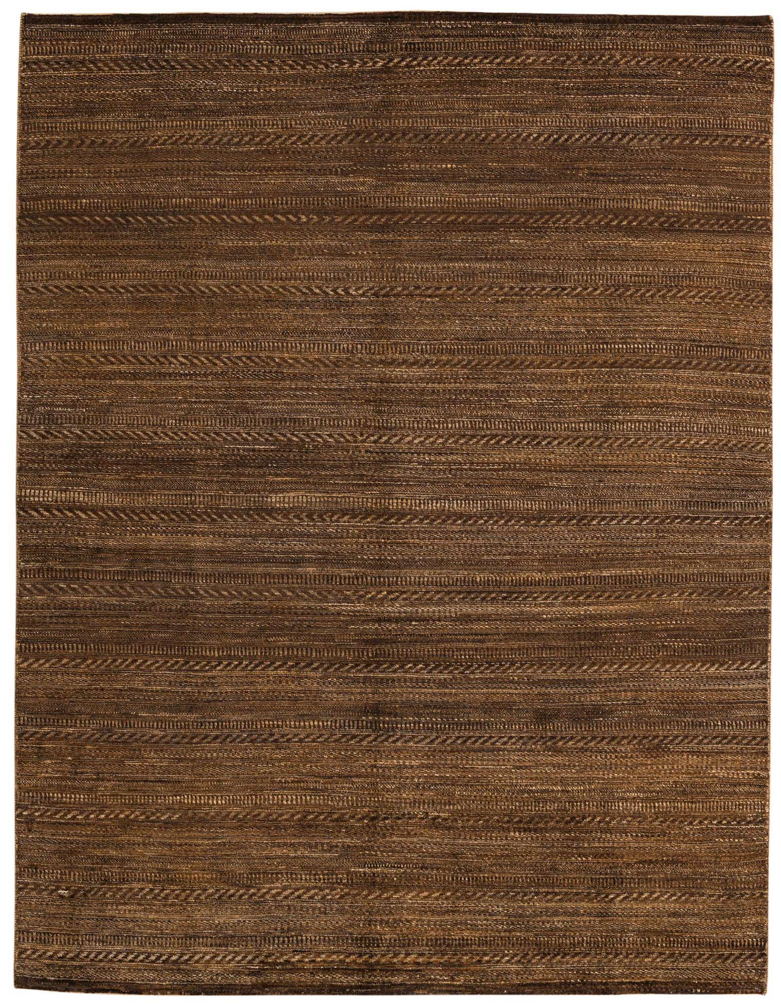 A 6x9 rectangular Kashkuli Gabbeh rug in varying shades of brown with horizontal stripes and subtle geometric patterns.