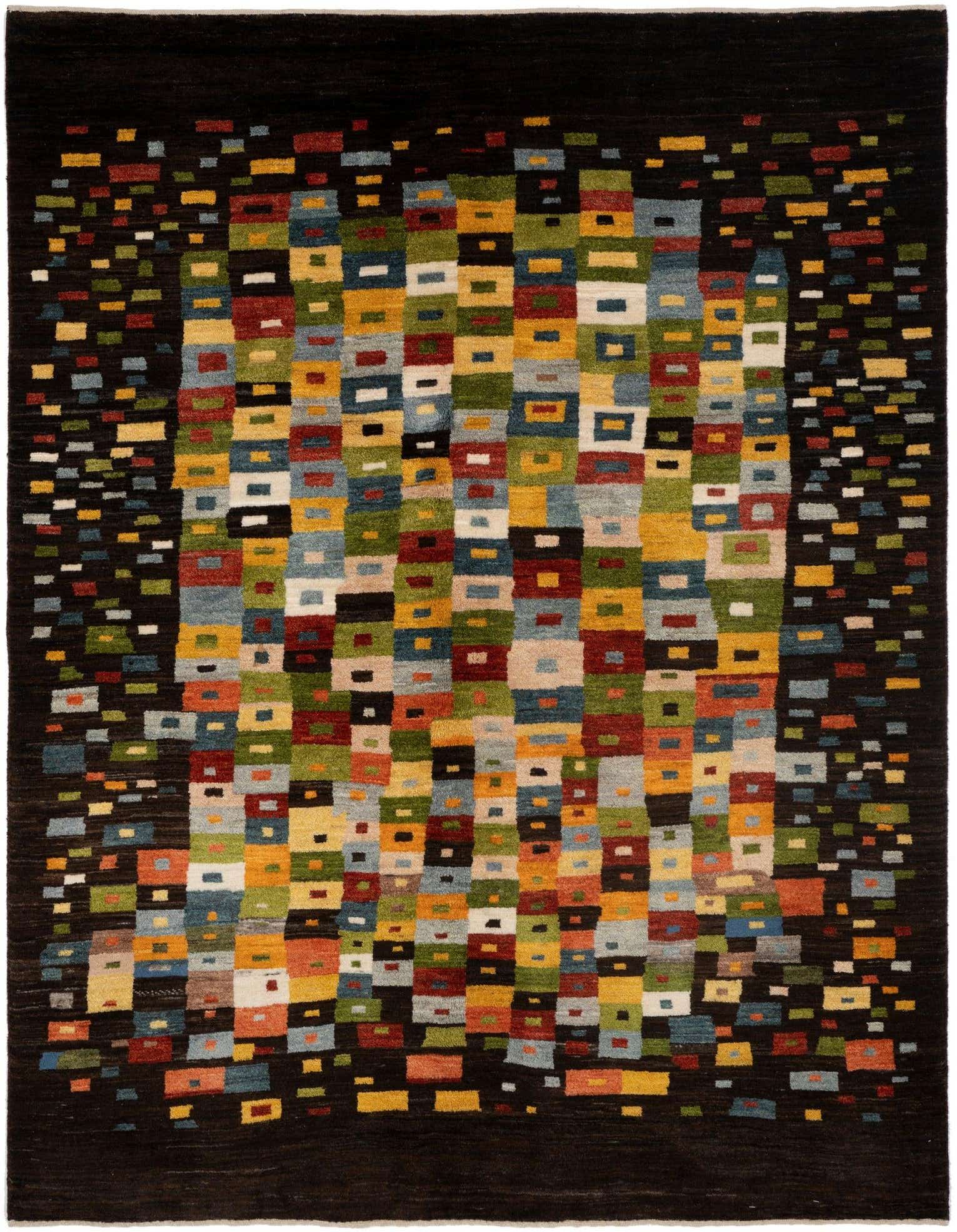 A 4x6 rectangular brown wool rug with a vibrant Persian geometric pattern of colorful rectangles in the center.