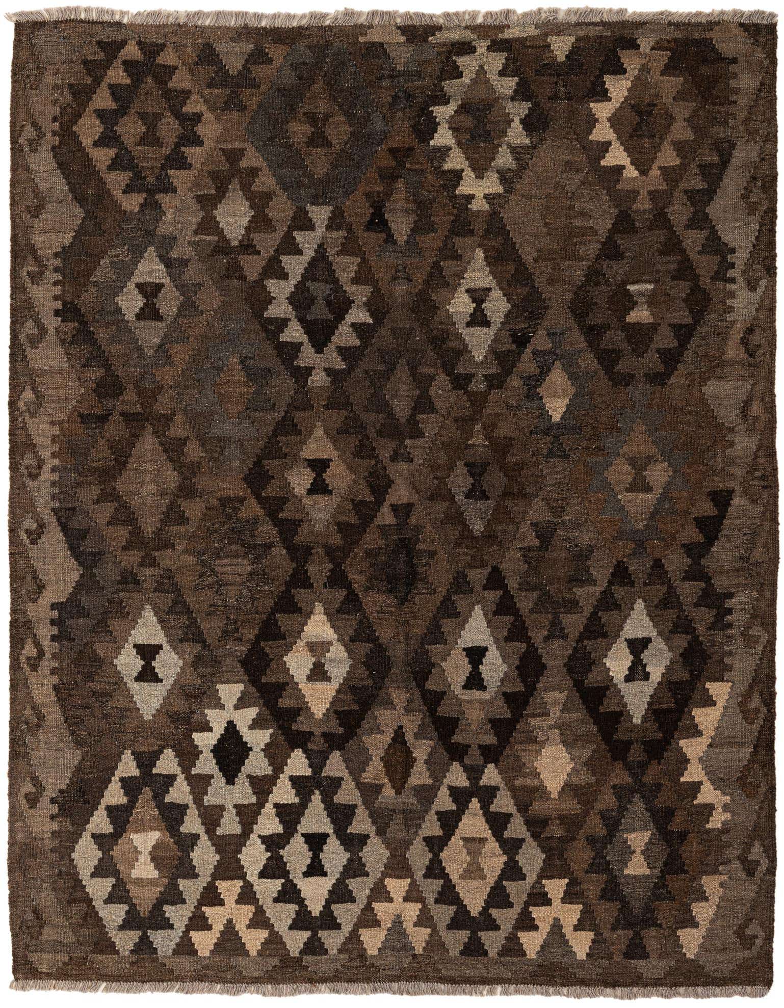 A 5x7 rectangular Kilim Maymana rug featuring a tribal geometric pattern in varying shades of brown and tan.