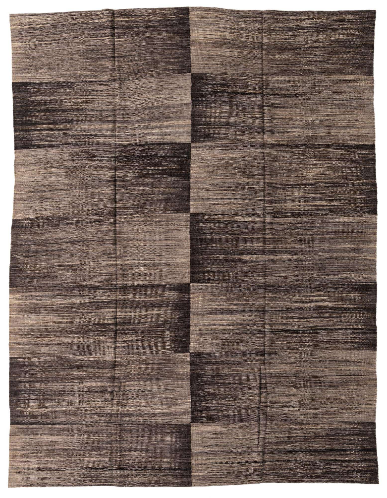 A 9x11 rectangular Kilim Modern rug with a flatweave texture, featuring alternating horizontal stripes of dark brown and tan.