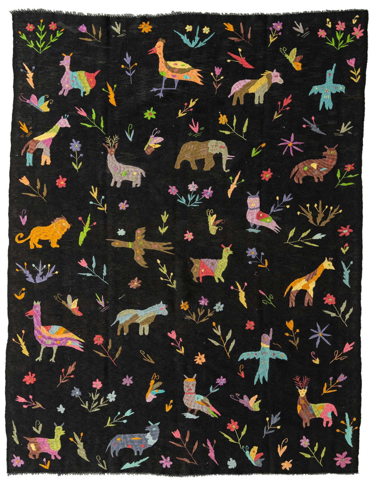 A 6x9 rectangular Kilim Suzani rug features a black background with colorful tribal animal and floral motifs.