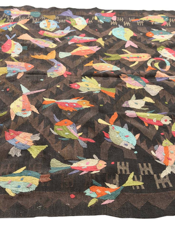 Detail image of  5' 3 x 8'  Hand Woven Kilim Suzani Wool Rug