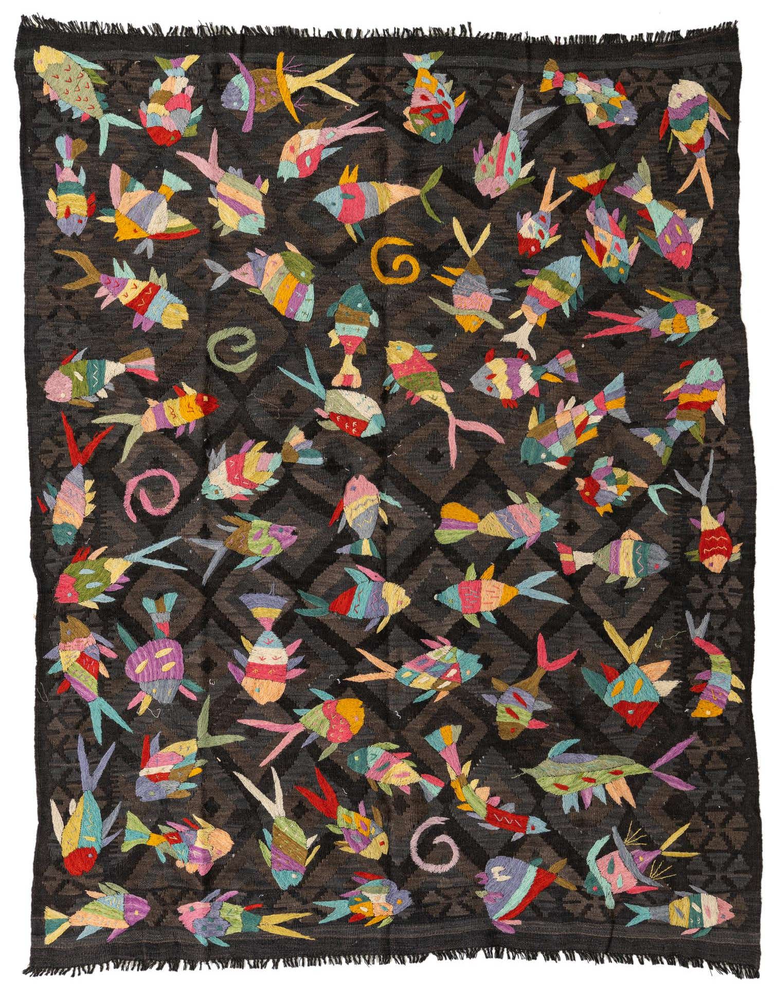 A 5x8 rectangular Kilim Suzani rug featuring a dark brown background with a subtle geometric pattern, covered in colorful, embroidered fish and swirl motifs.
