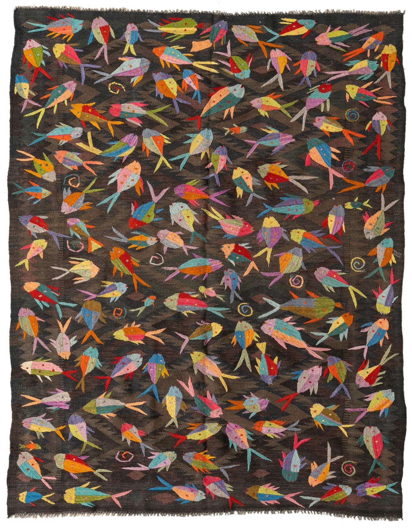 A 5x8 rectangular Kilim Suzani rug featuring a dark brown background with a subtle tribal pattern, adorned with numerous colorful embroidered fish in various bright hues.