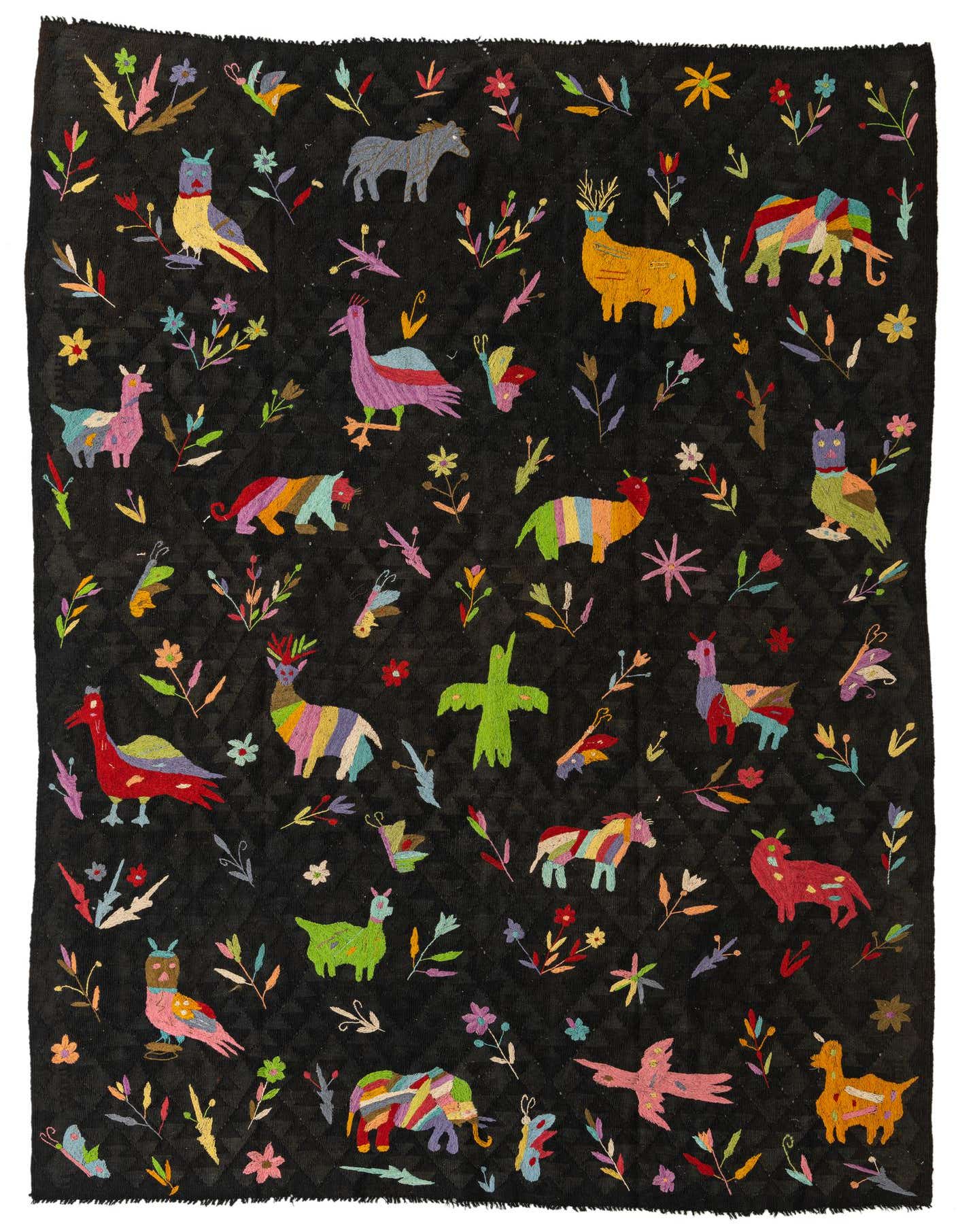 A 6x9 rectangular Kilim Suzani rug featuring a black background with colorful embroidered tribal animals and floral motifs.