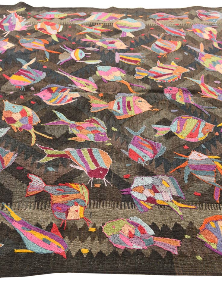 Detail image of  5' 3 x 8'  Hand Woven Kilim Suzani Wool Rug