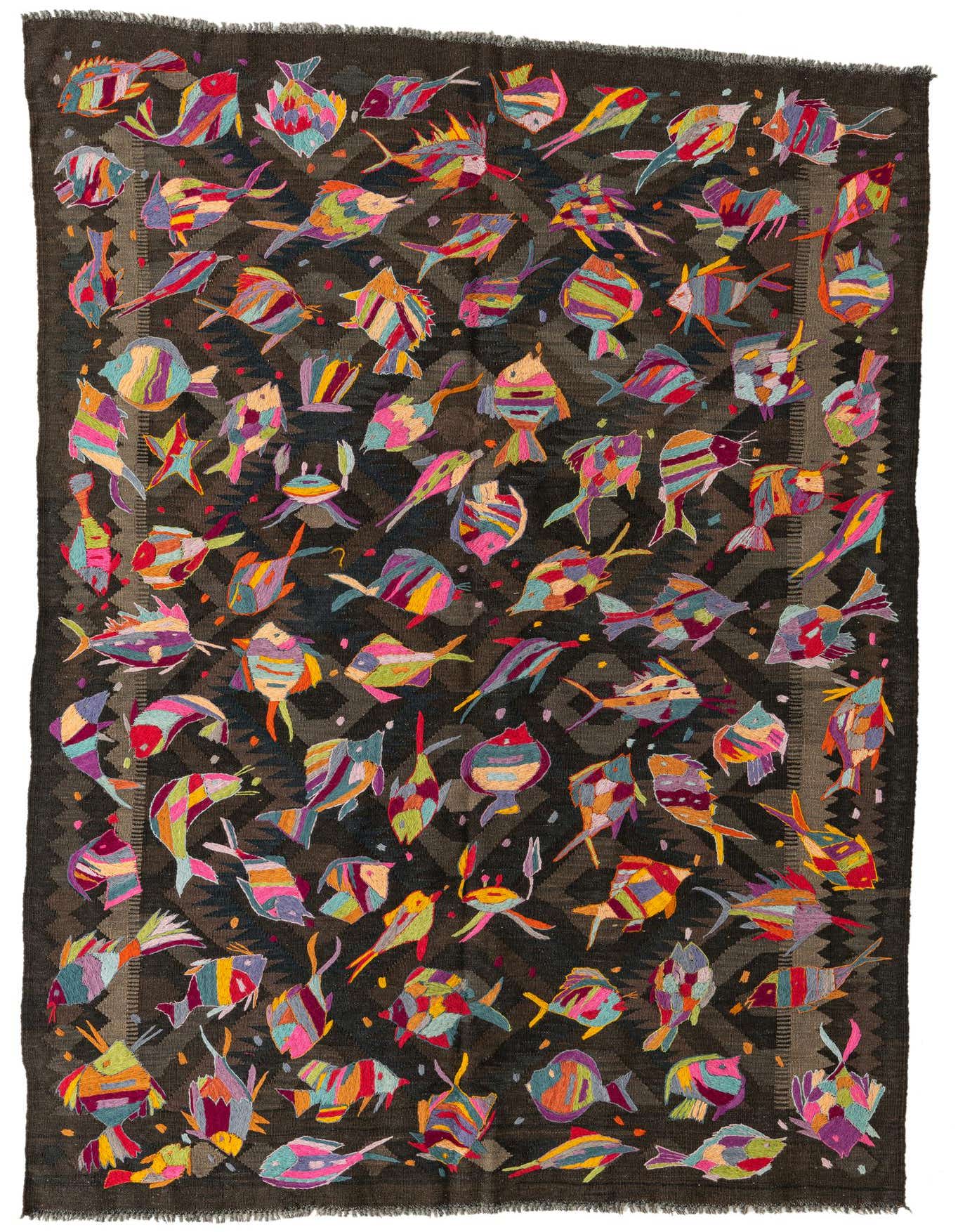 A 5x8 rectangular brown Kilim Suzani rug with a vibrant, colorful fish and marine life pattern, suitable for a living room or entryway.