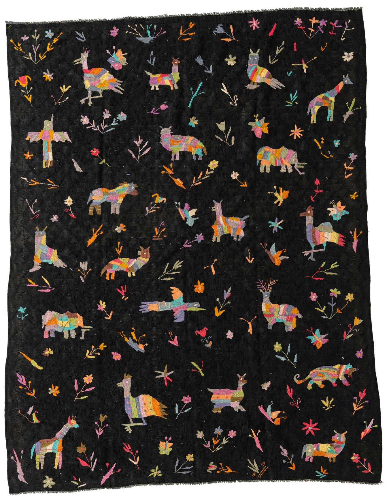 A rectangular 6x9 Kilim Suzani rug features a black background with colorful tribal animal and floral patterns, ideal for a living room.