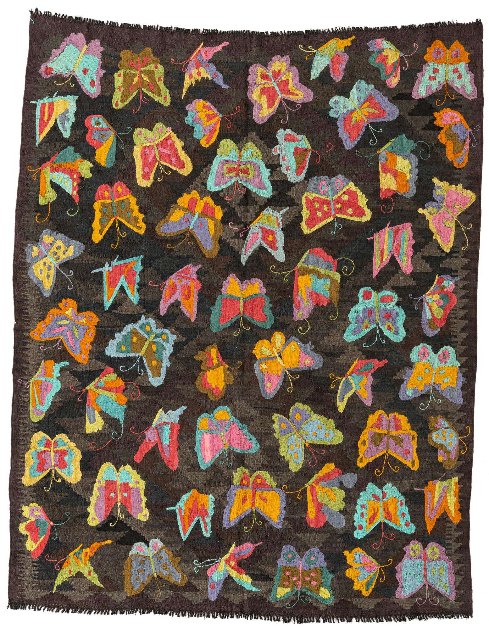 A 5x8 rectangular Kilim Suzani rug featuring a dark brown background with a subtle tribal pattern, adorned with numerous colorful embroidered butterflies in shades of pink, blue, yellow, and orange.
