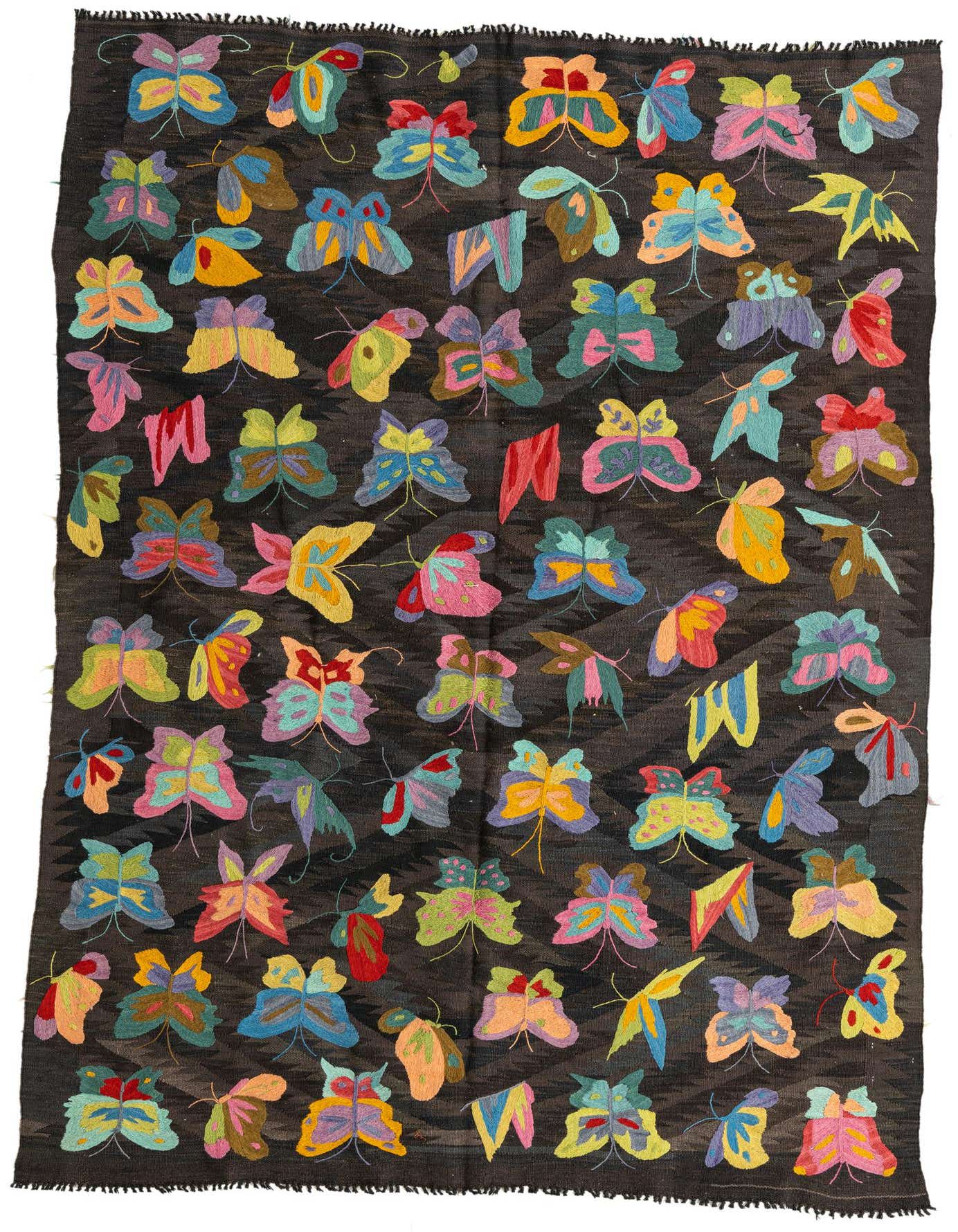 A 5x8 rectangular brown Kilim Suzani rug with vibrant, colorful butterfly and moth patterns, ideal for a living room.