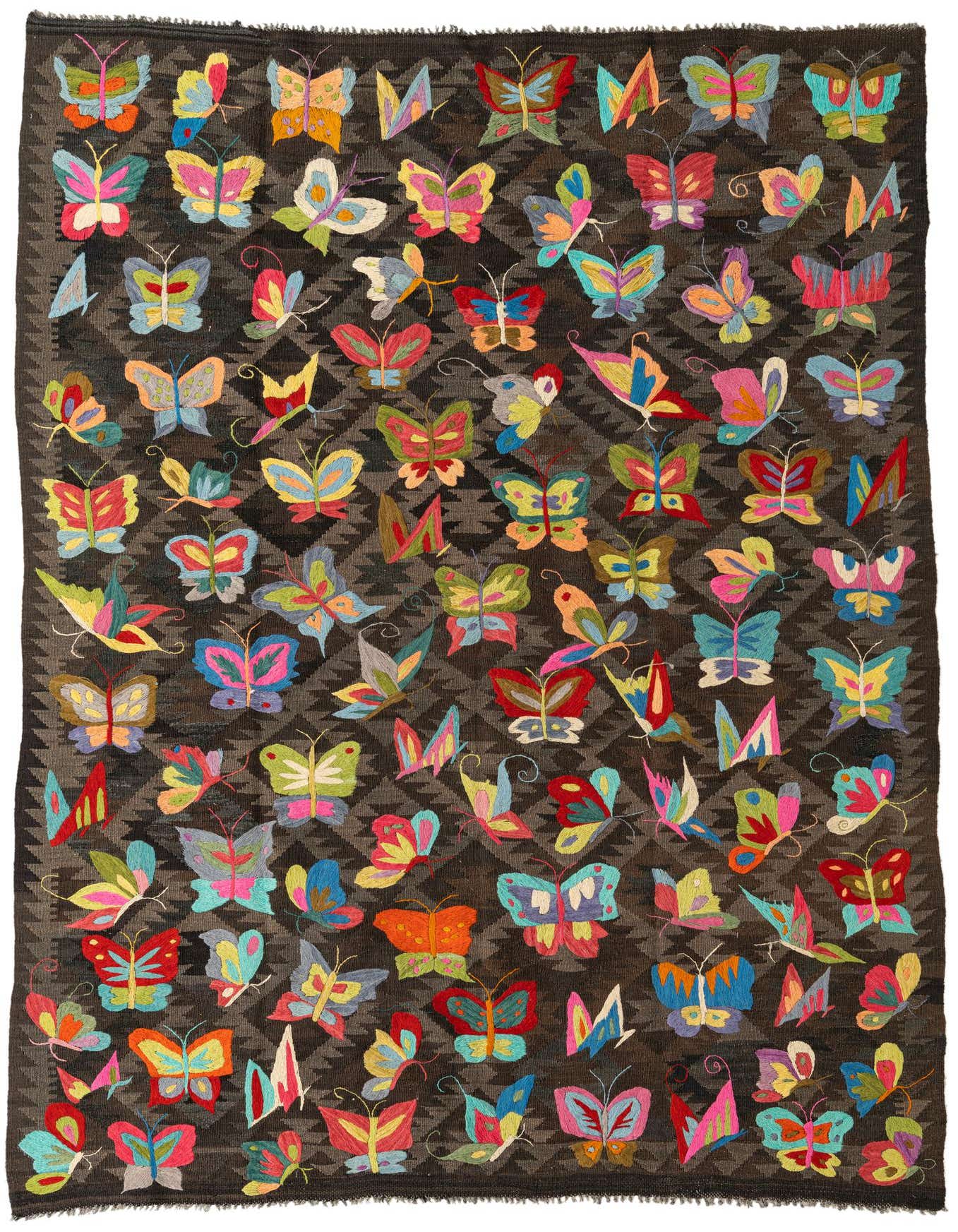 A 6x9 rectangular Kilim Suzani rug featuring a dark brown tribal pattern background with numerous colorful butterfly motifs.