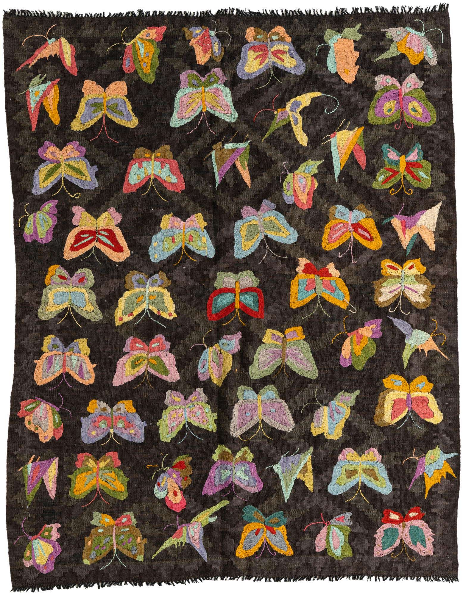 A 5x8 rectangular brown Kilim Suzani rug with a tribal pattern of colorful embroidered butterflies.