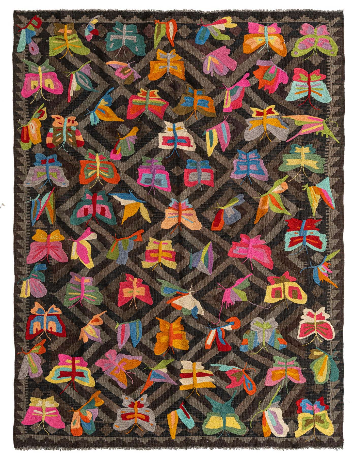 A 5x8 rectangular Kilim Suzani rug featuring a dark brown geometric pattern background with numerous colorful butterfly motifs in various hues.