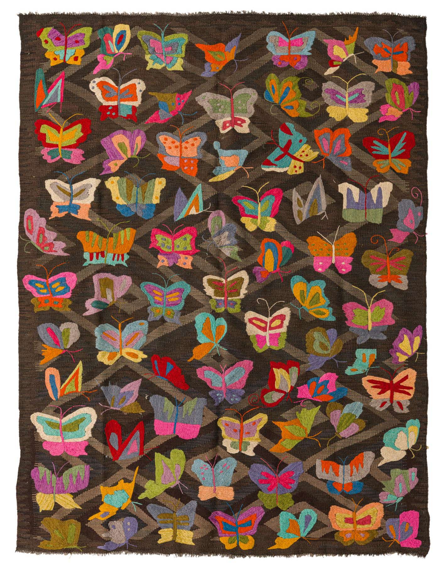 A 5x8 rectangular Kilim Suzani rug featuring a dark brown background with a subtle geometric pattern, adorned with numerous colorful, embroidered butterflies in various hues like pink, blue, orange, and green.