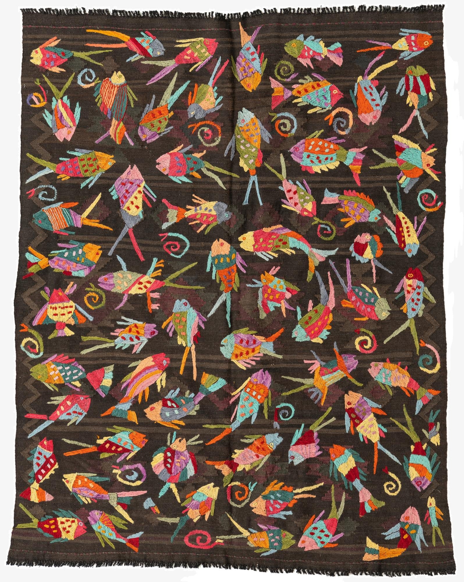  4' 9 x 6' 2  Hand Woven Kilim Suzani Wool Rug