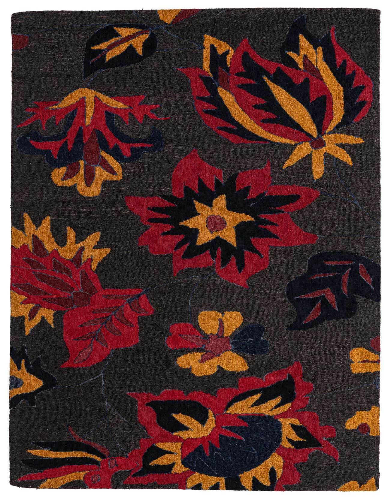 A rectangular 5x8 Luna Collection rug with a dark brown background and large, vibrant floral patterns in red, gold, and navy.