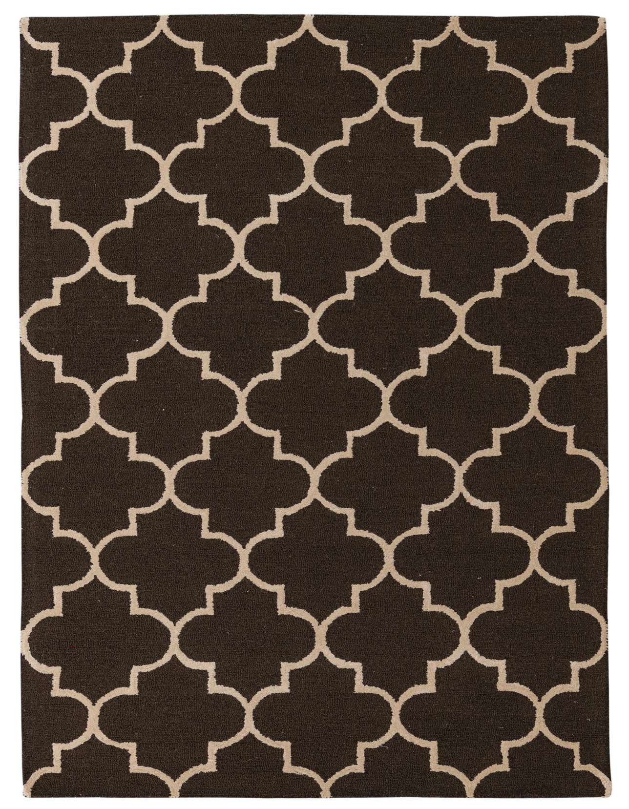 A 5x8 rectangular Luna Collection wool rug by Rugs.com, featuring a high pile and a modern brown and tan abstract pattern, suitable for a living room or bedroom.