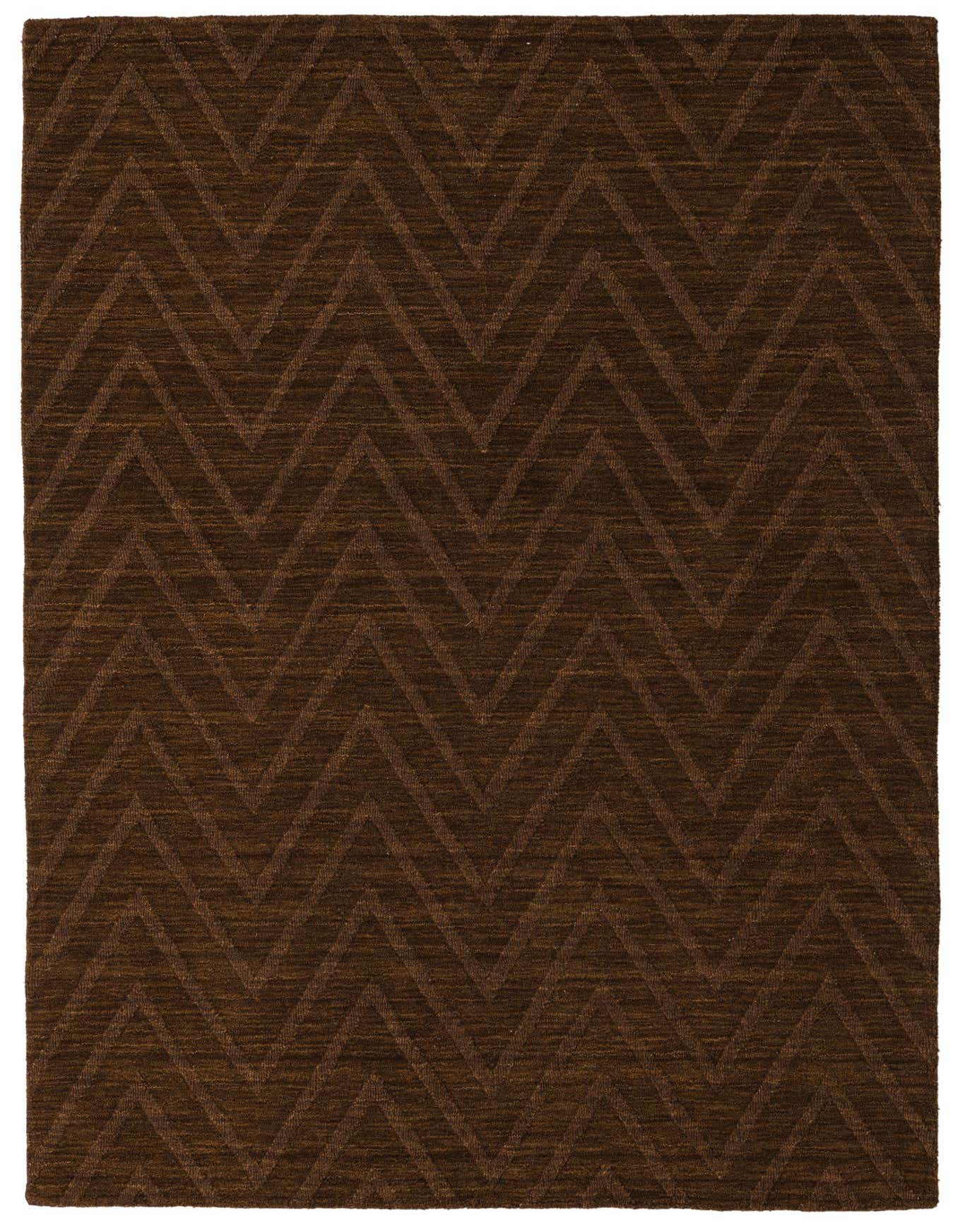 A 5x8 rectangular brown area rug with a subtle modern chevron pattern, made from wool and cotton.