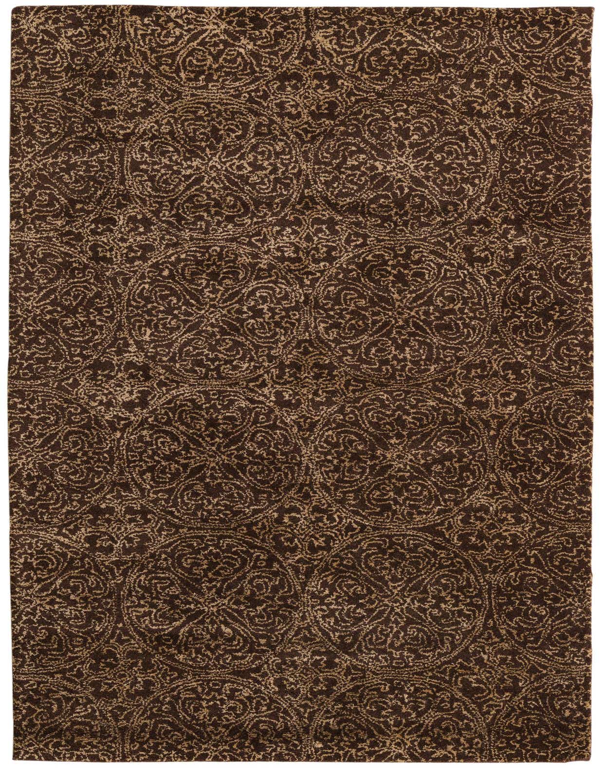 A rectangular 5x8 brown and tan modern area rug with an abstract, high-pile pattern, suitable for a living room or bedroom.