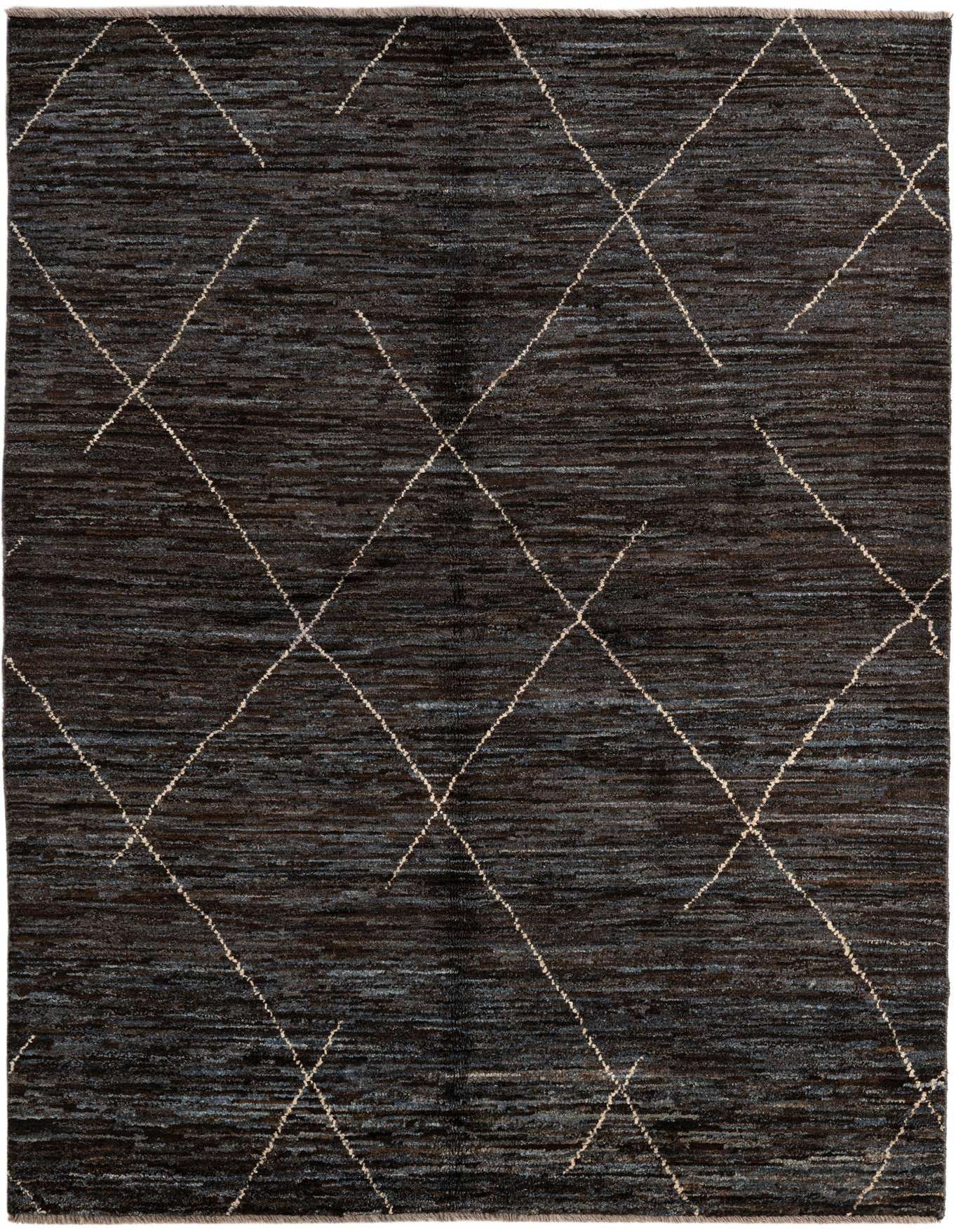 A 5x7 rectangular Moroccan tribal rug in dark brown and tan, featuring a modern diamond pattern.