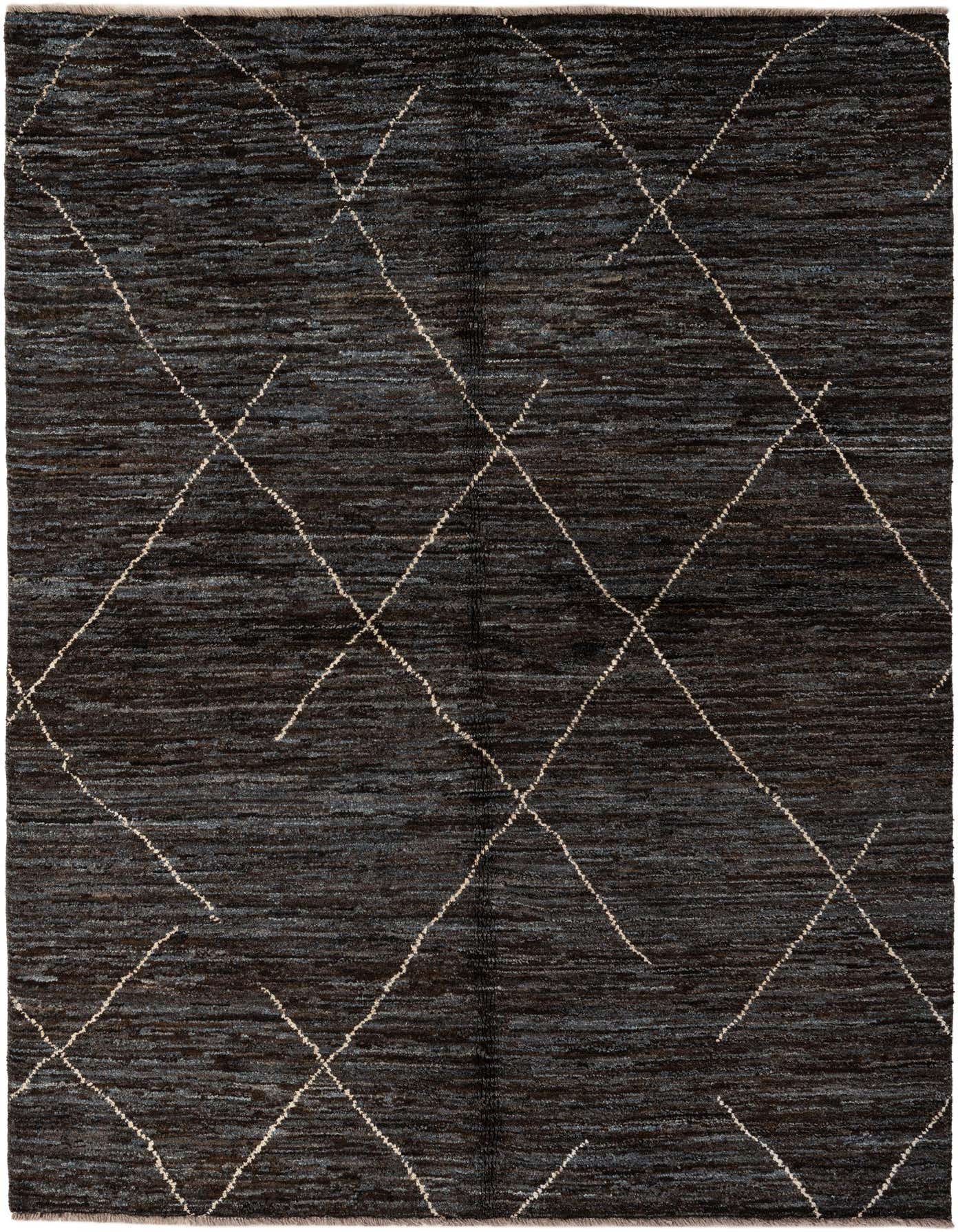 A 5x7 rectangular brown wool rug with a tribal diamond pattern in tan, perfect for a modern living room.