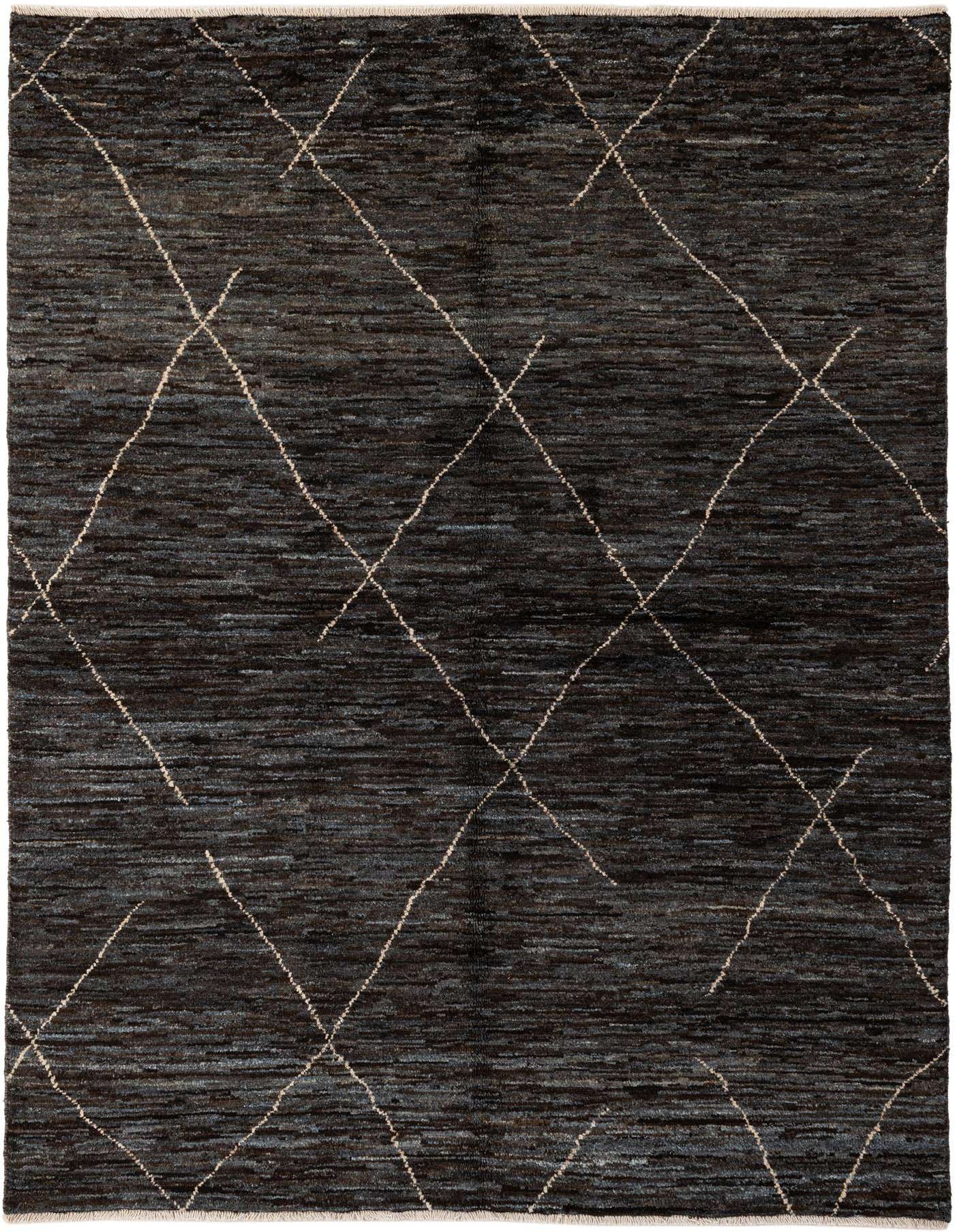 A 5x7 rectangular Moroccan rug in varying shades of brown and tan, featuring a tribal diamond pattern.