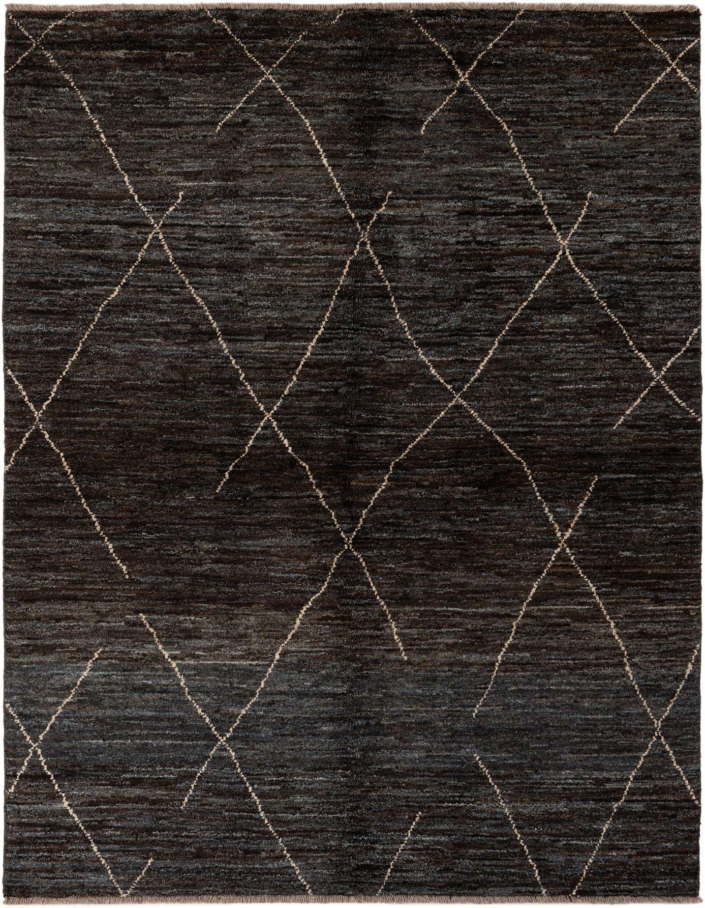 A 5x8 rectangular brown wool rug with a tribal modern diamond pattern in tan, suitable for a living room.
