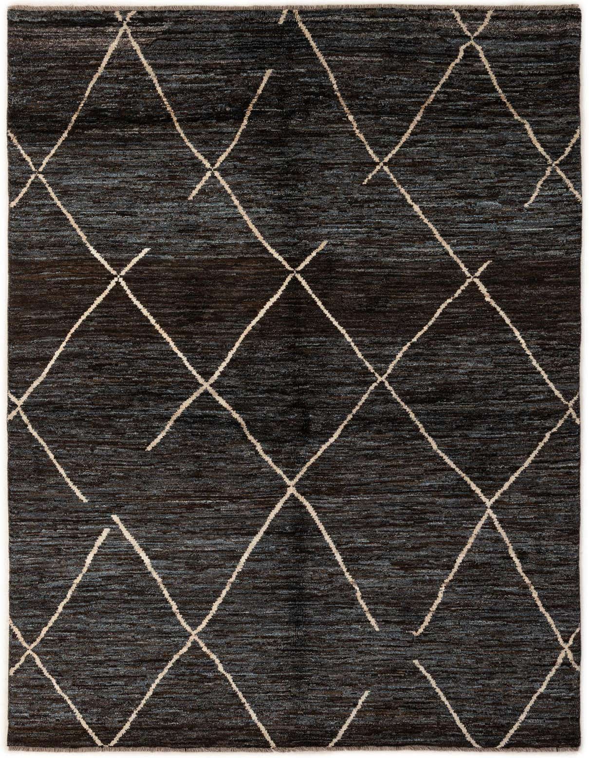 A 6x9 rectangular Moroccan rug in dark brown with a tribal diamond pattern in light tan, ideal for a living room.