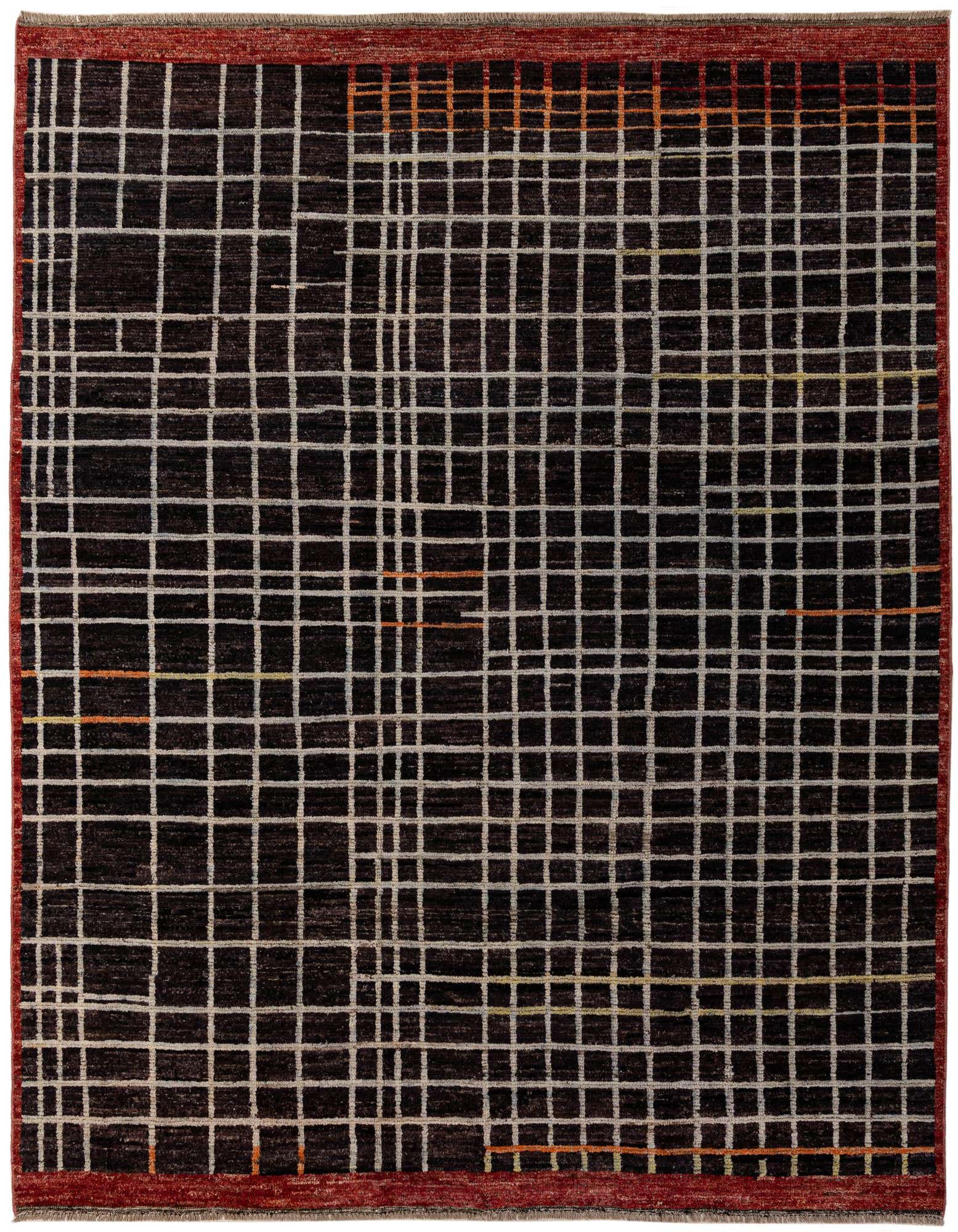 A rectangular 8x10 brown tribal wool rug with a modern grid pattern and subtle orange accents, featuring a reddish-brown border.